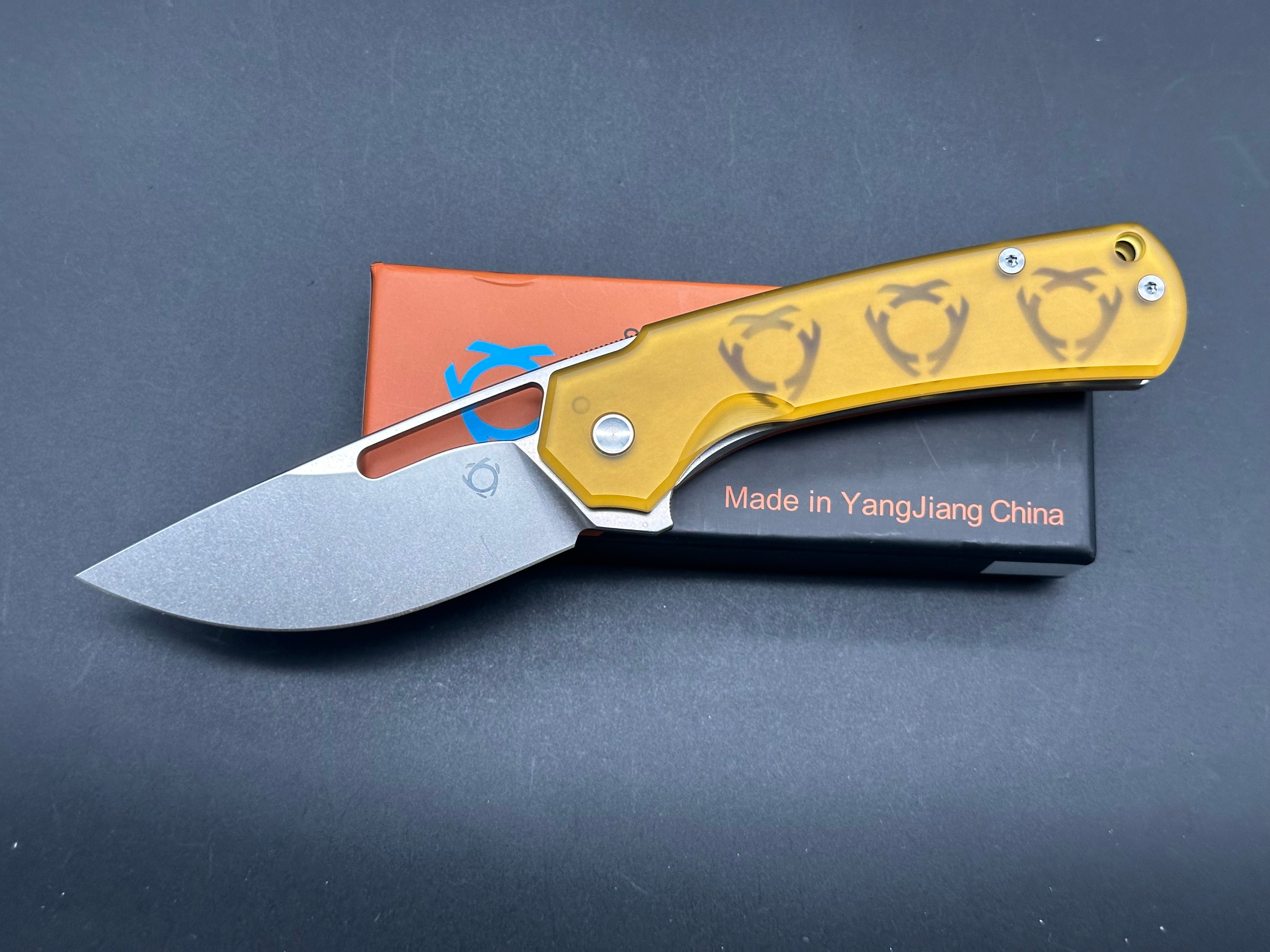 SixLeaf Folding Knife - Yellow Ultem Handle, 20CV Steel Plain Edge SL-25 PEI | EDC, Camping, Hiking & Outdoor Survival Tool