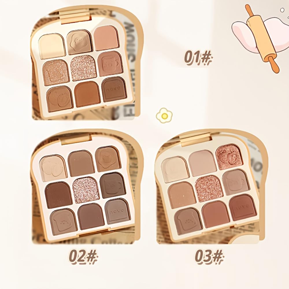9 Colors Eyeshadow Palette Kit - Matte & Shimmer Glitter Nude Eyeshadow with 3 Brushes, Cute Toast Shaped Blush Palette for Long-Lasting Daily Eye Makeup (#03) | Perfect for Everyday Wear, Party & Special Occasions
