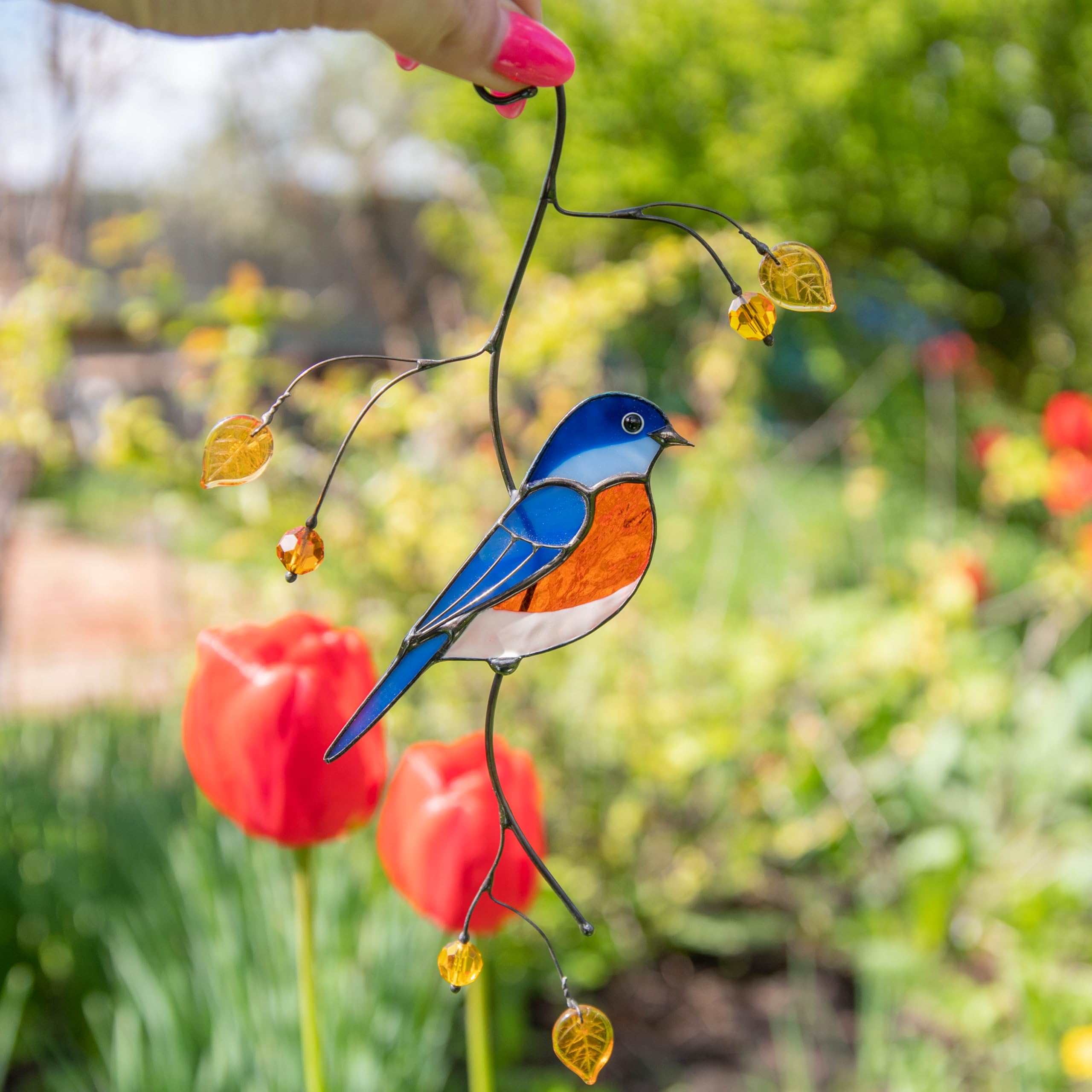 Handmade Bluebird Stained Glass Suncatcher - Genuine Glass Window Hanging for Home Decor, Unique Indoor Ornament & Outdoor Garden Decoration | Perfect for Living Room, Bedroom, Patio & Gift Giving