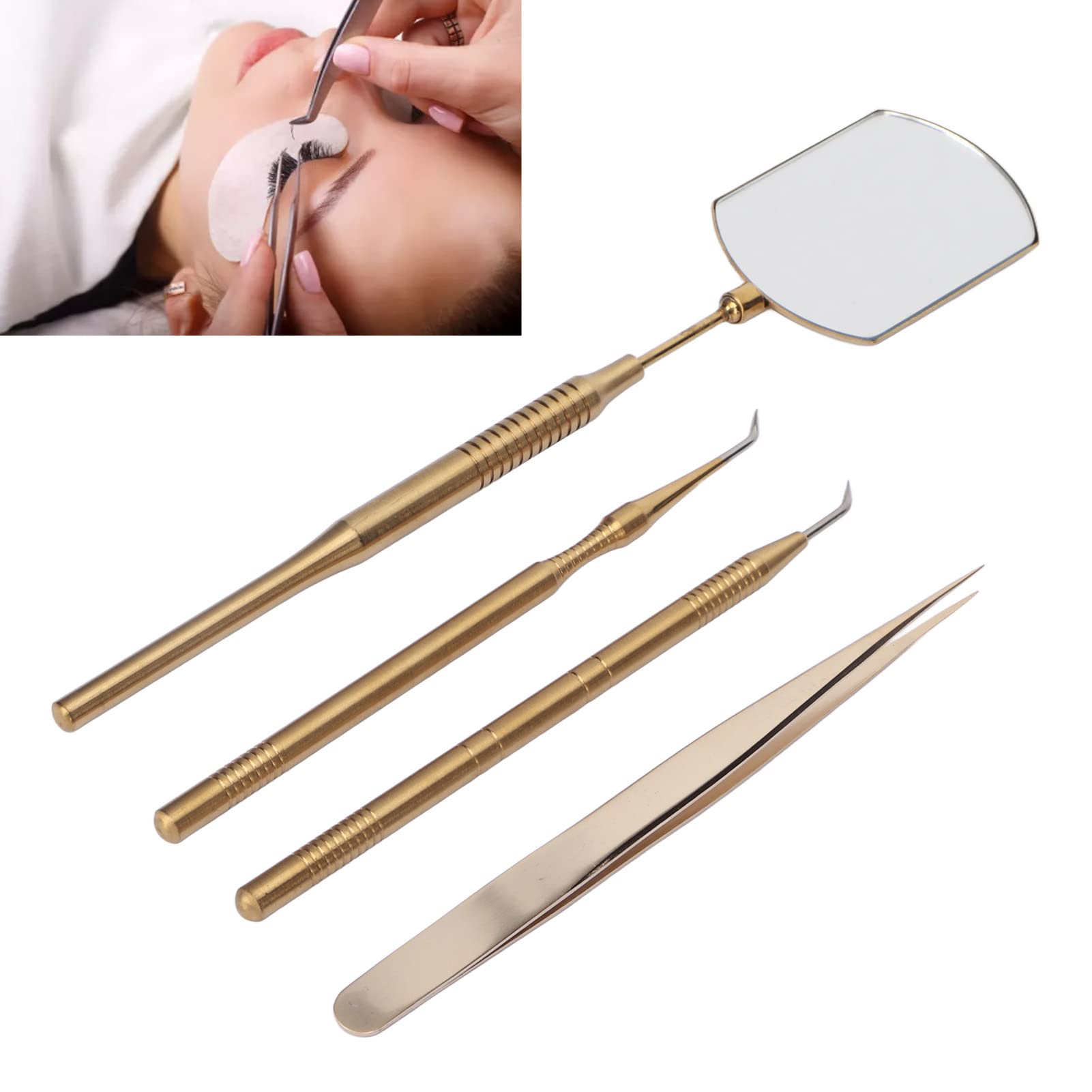 Professional Eyelash Extension Kit - Stainless Steel Tweezers Set with Rotatable Inspection Mirror for Precise Lash Application (Gold) | Perfect for Salon Professionals & DIY Lash Artists at Home