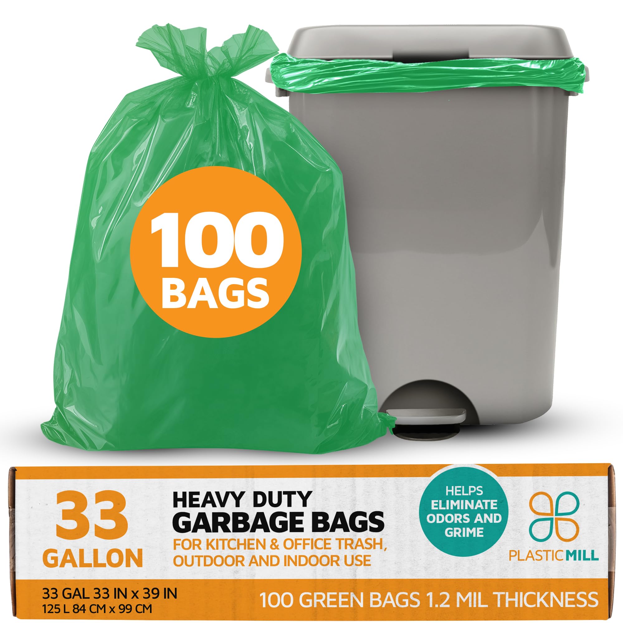 Heavy Duty 33-Gallon Trash Bags - 1.2 Mil Thick Large Kitchen Garbage Bags (100 Count) - 33