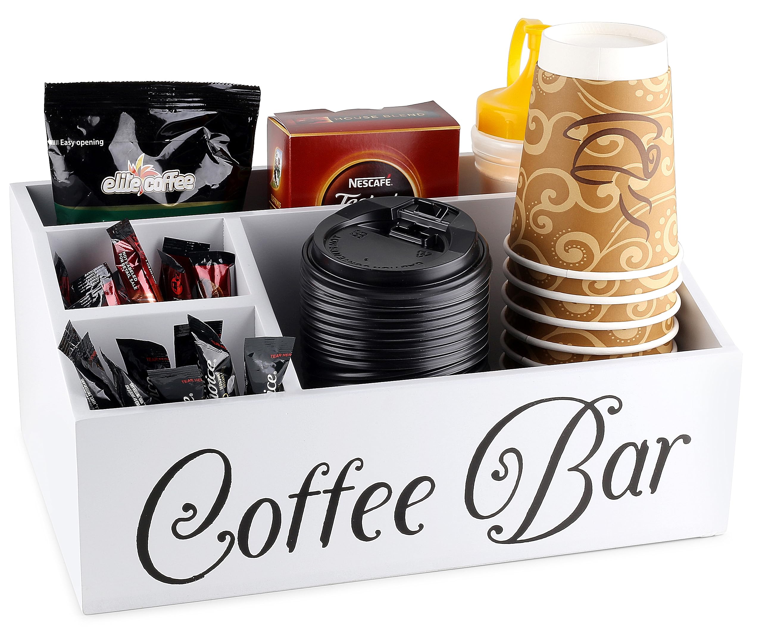 Farmhouse Style Wooden Coffee Station Organizer - Countertop & Desk Coffee Bar Accessories Holder for Cups, Pods & More (Off White) | Perfect for Kitchen, Office & Home Decor