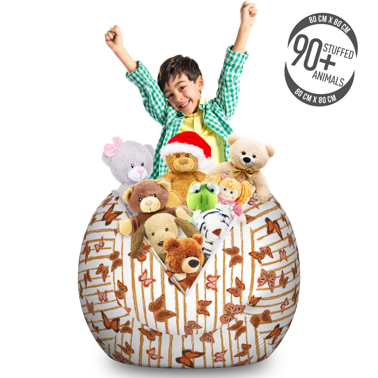 Ambesonne Large Washable Storage Toy Bag Chair with Butterfly Artwork - Organizer for Stuffed Animals, White Amber Pale Redwood - Perfect for Kids' Room, Nursery, or Playroom Storage