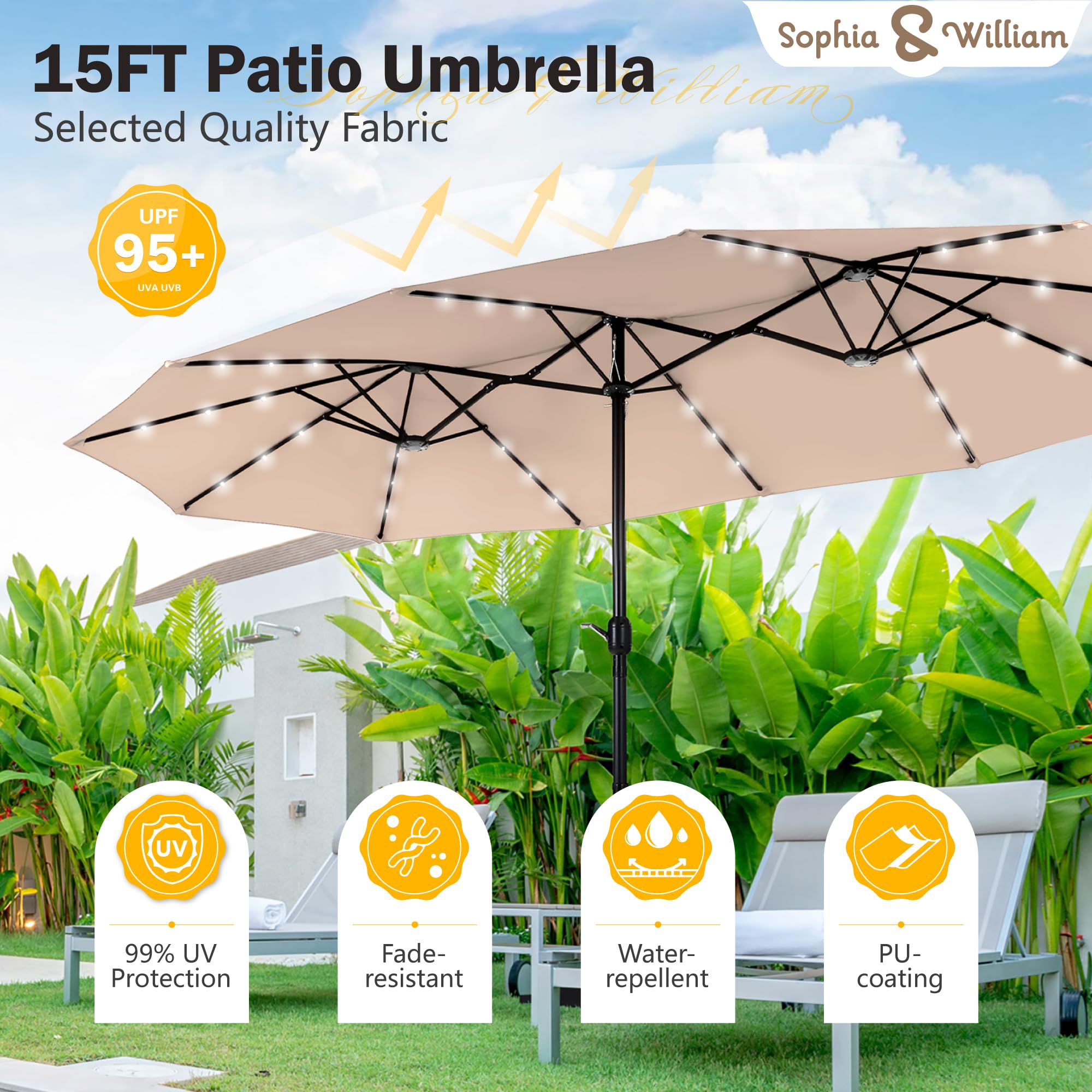 15 ft Extra Large Rectangular Patio Umbrella with Solar Lights & Base - Heavy Duty Double-Sided Outdoor Market Umbrella for Pool, Garden, Backyard (Beige) | Perfect for Shade, Outdoor Dining & Relaxation