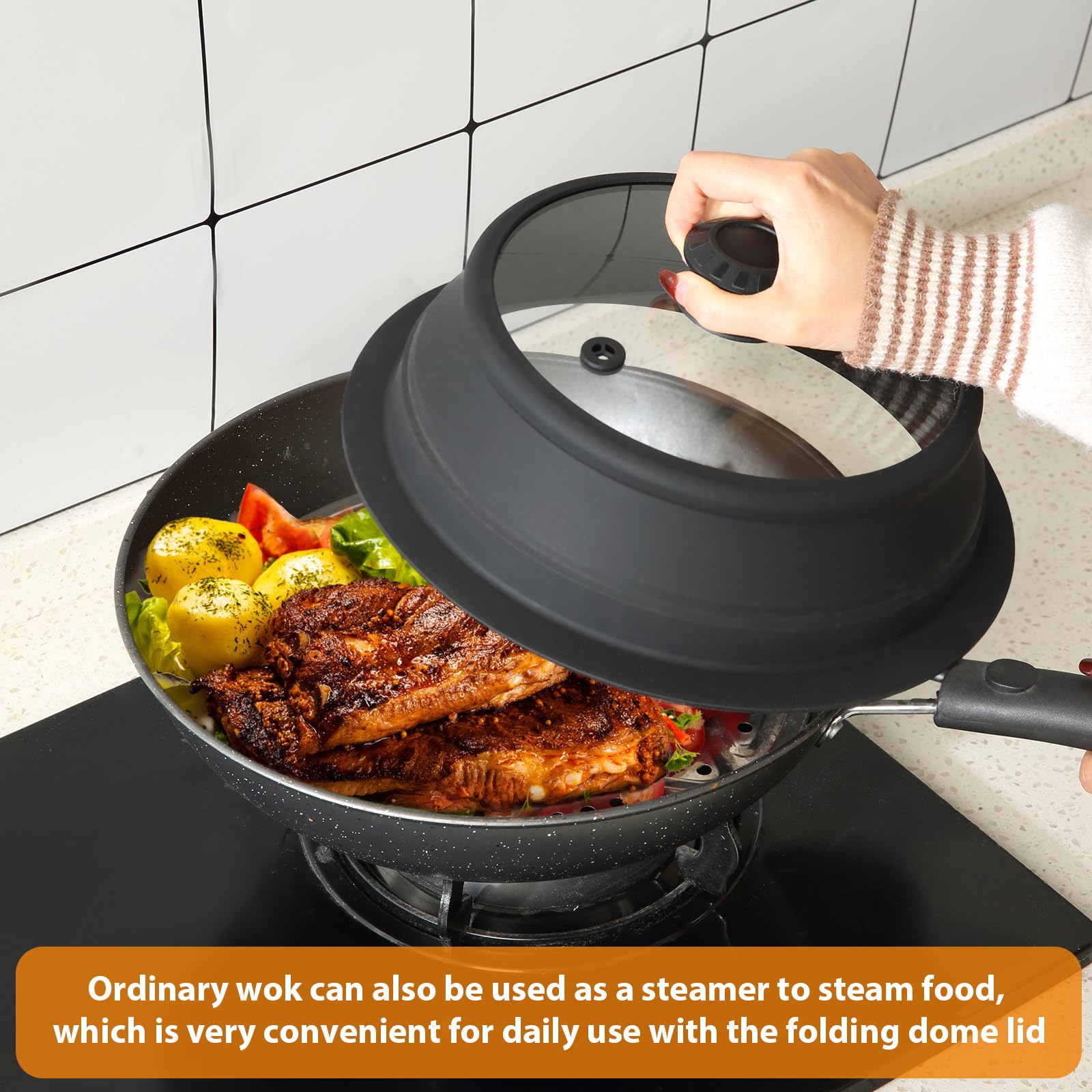 **10.5-11 Inch Universal Vented Tempered Glass Lid for Stockpot, Steamer Pot & Pan – Microwave Safe, Collapsible Silicone Cover – Perfect for Cooking, Steaming & Microwave Use**