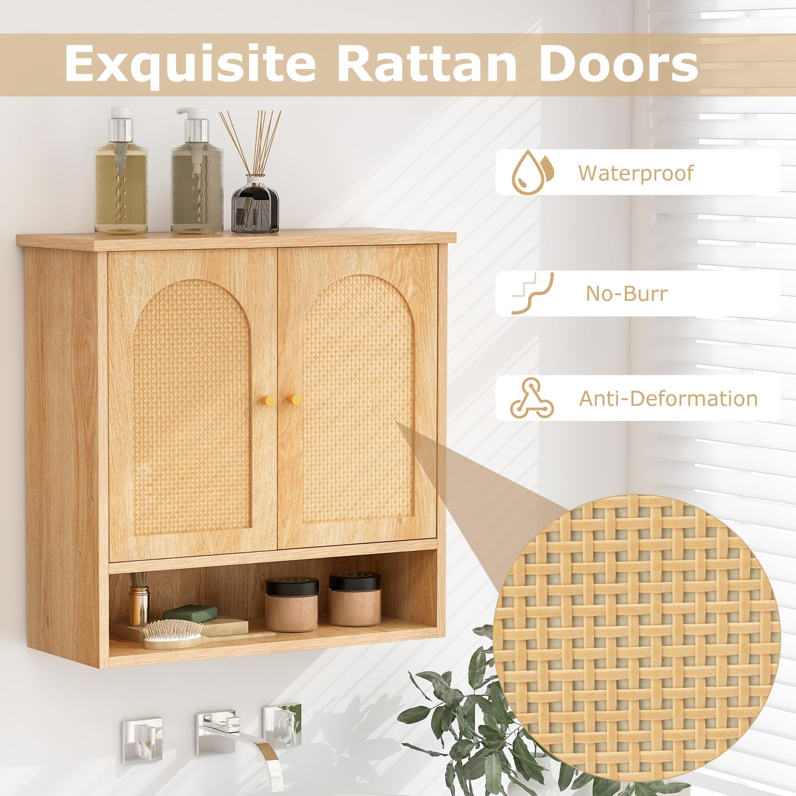 Tangkula Wall Mounted Medicine Cabinet with 2 Rattan Doors - Bathroom Storage Over Toilet, Hanging Cabinet for Laundry Room, Kitchen & Entryway (Natural Finish, Open Back) - Perfect for Small Spaces & Organizing Essentials