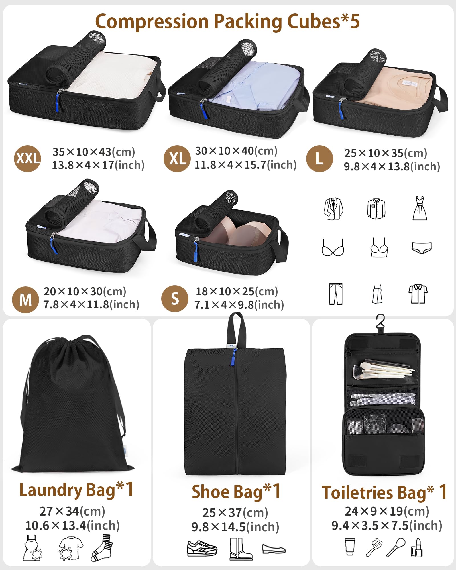 8-Piece Compression Packing Cubes Set - Expandable Suitcase & Luggage Organizer Bags for Travel - Black | Perfect for Business Trips, Vacations & Weekend Getaways