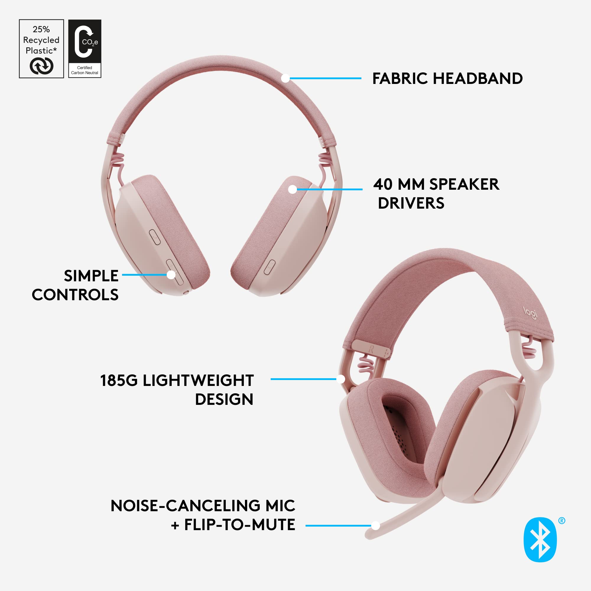 Logitech Zone Vibe 100 Wireless Bluetooth Headphones with Noise Cancelling Mic - Lightweight Over-Ear Design, Multipoint Connectivity for Teams/Zoom/Google Meet, Compatible with Mac/PC (Renewed, Rose) - Perfect for Remote Work, Online Meetings & Home Office Use