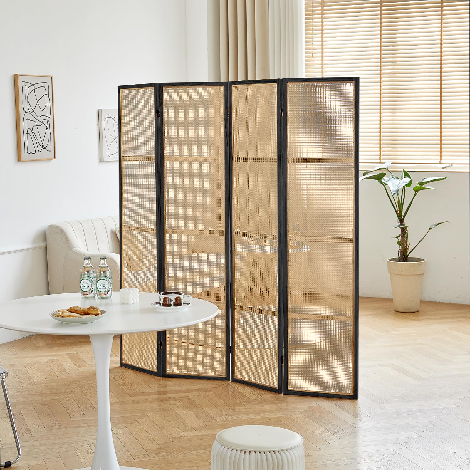4 Panel Wood Room Divider - 5.6FT Foldable Privacy Screen with Hand-Woven Rattan Design - Freestanding Partition for Home Office, Bedroom, Restaurant & Indoor Decor (Black) - Perfect for Creating Private Spaces & Room Dividers