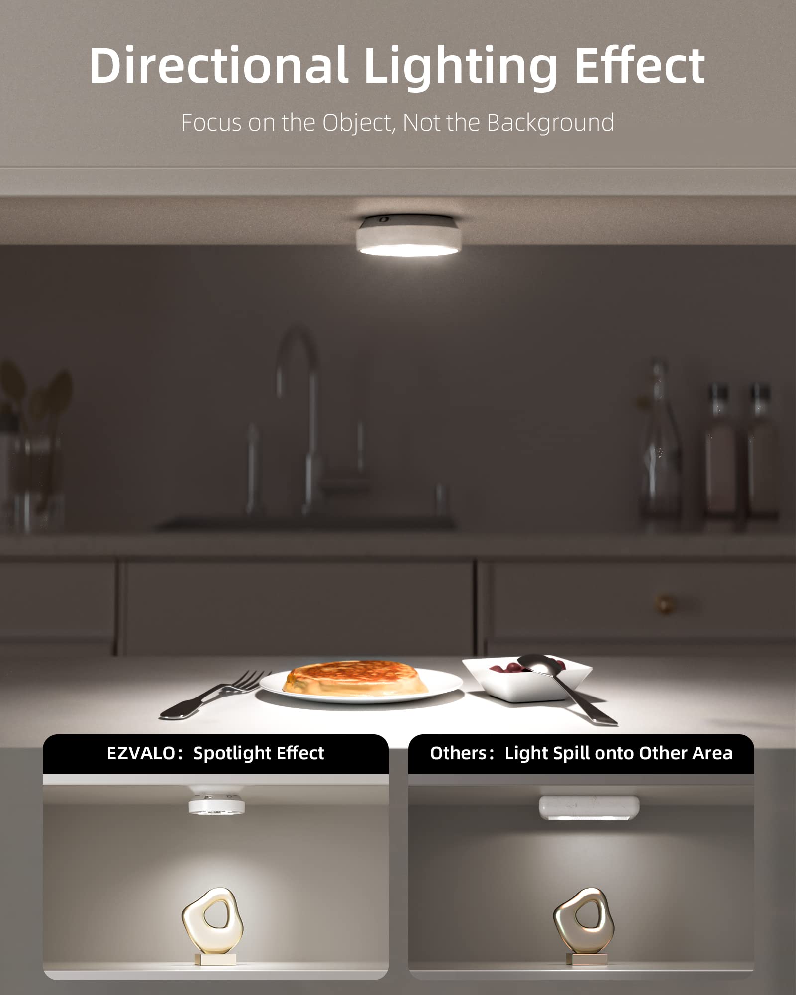 EZVALO Rechargeable Under Cabinet LED Lights - 6 Pack with Motion Sensor, 2 Color Temperatures & Group Control | Dimmable Puck Lights for Kitchen, Closet, Hallway & Counter Lighting | Perfect for Nighttime Navigation & Accent Lighting
