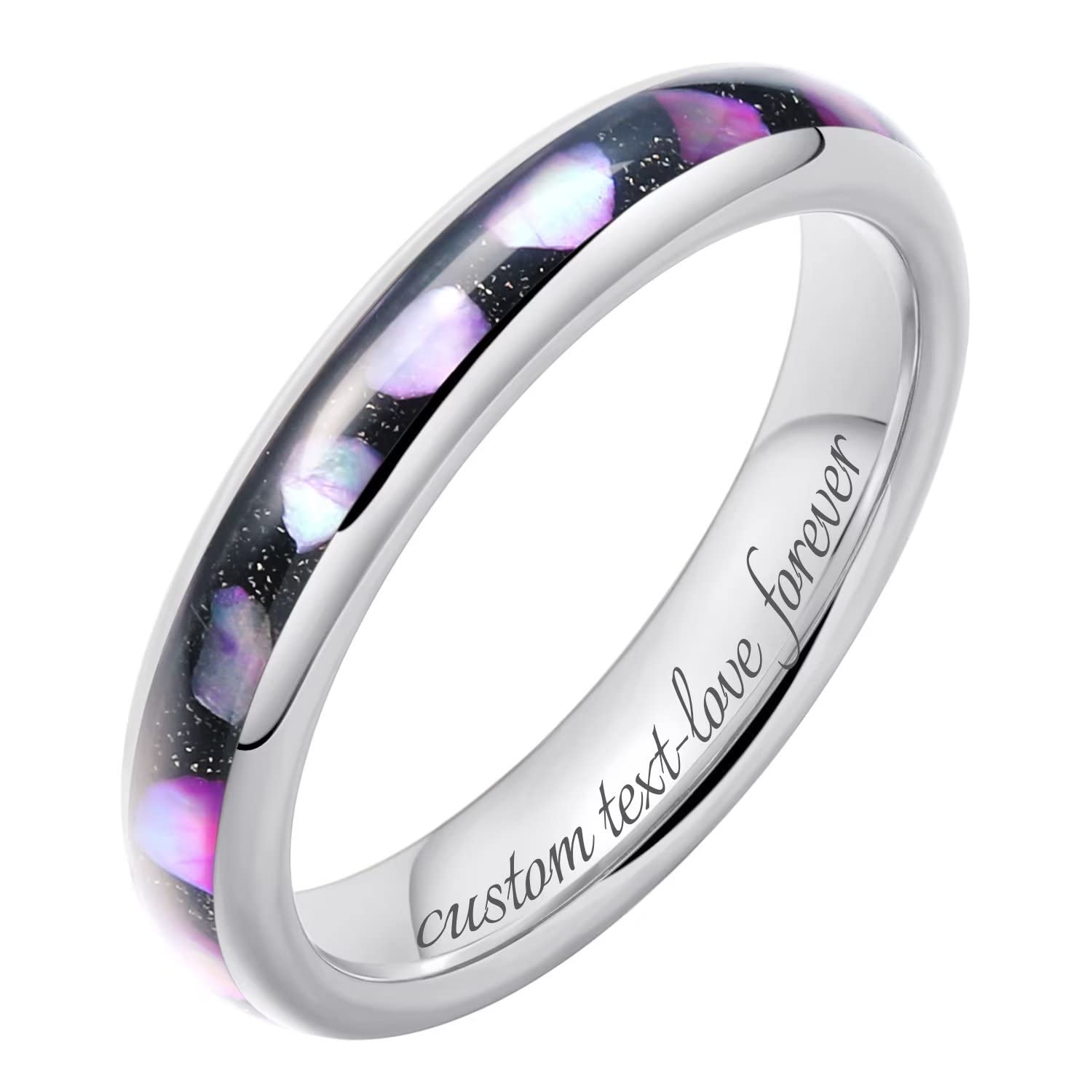 THREE KEYS 4mm Purple Shell Inlaid Tungsten Wedding Ring for Women - Durable Engagement Band for Brides, Anniversary Gift & Everyday Wear