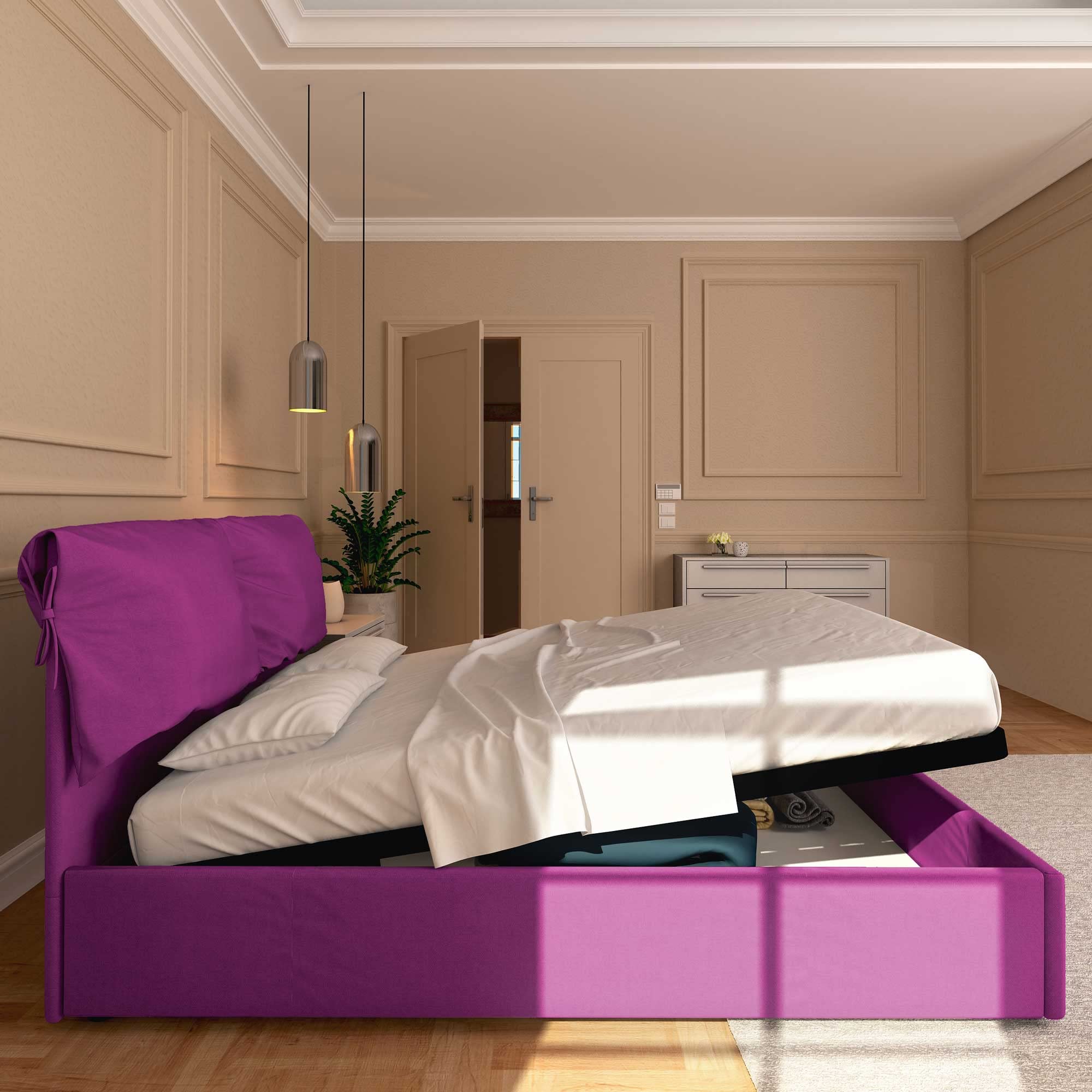 Baldiflex Queen Size Storage Bed with Upholstered Headboard - Licia Soft Fabric Platform Bed Frame, Slatted Base for 140x200cm Mattress, Fuchsia Pink - Perfect for Small Bedrooms & Guest Rooms