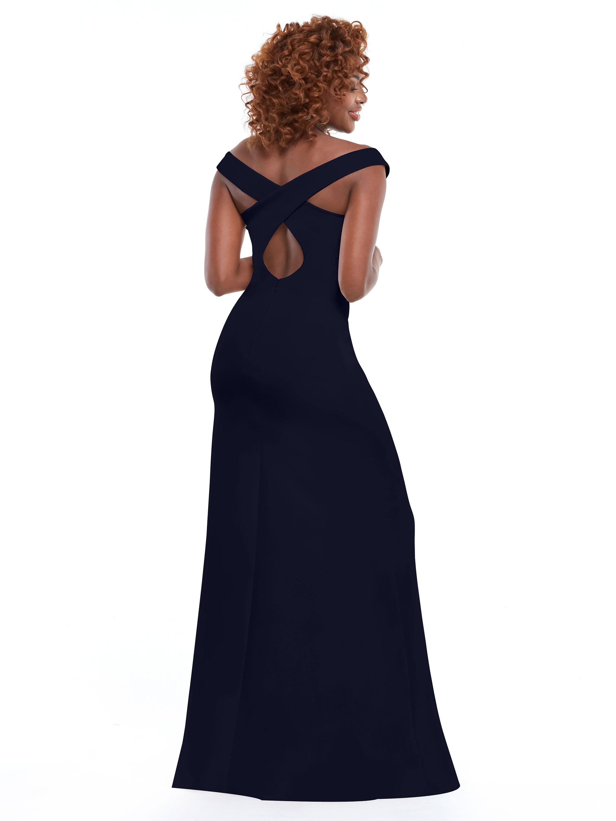 Elegant Off-the-Shoulder Double Knit Bridesmaid Dress with Thigh Slit - Perfect for Weddings, Prom & Formal Events