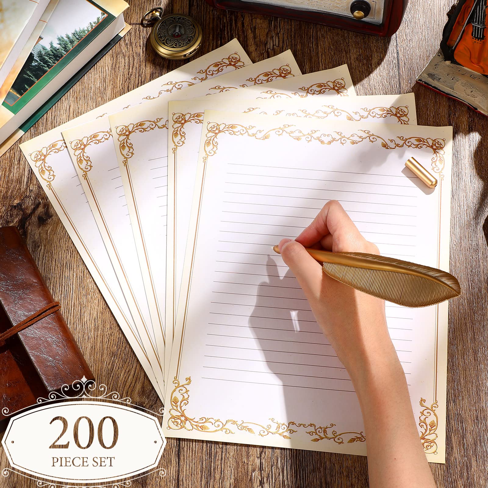 Vintage Lined Stationery Paper - 200 Sheets Antique Letter Writing Paper with Ruled Lines, 8.3 x 11 Inch - Perfect for Poems, Lyrics, Notes & Creative Writing - Ideal for Journaling, Calligraphy & Handwritten Letters