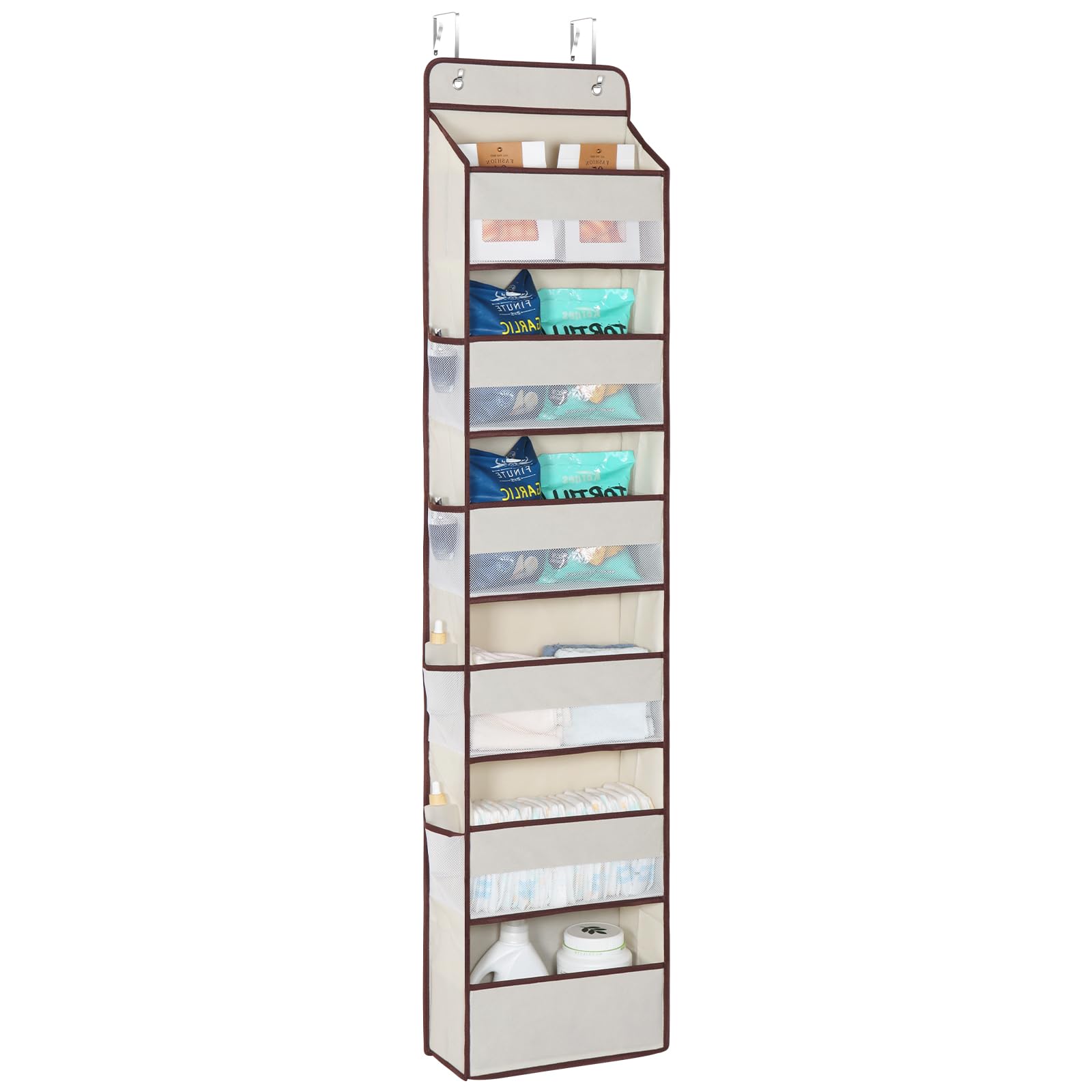 Kntiwiwo 6-Tier Over The Door Organizer with 8 Mesh Side Pockets - Space-Saving Bathroom & Nursery Storage Solution for Baby Essentials, Towels & Toiletries (Beige) - Perfect for Small Spaces, Closet Organization & Baby Room Storage