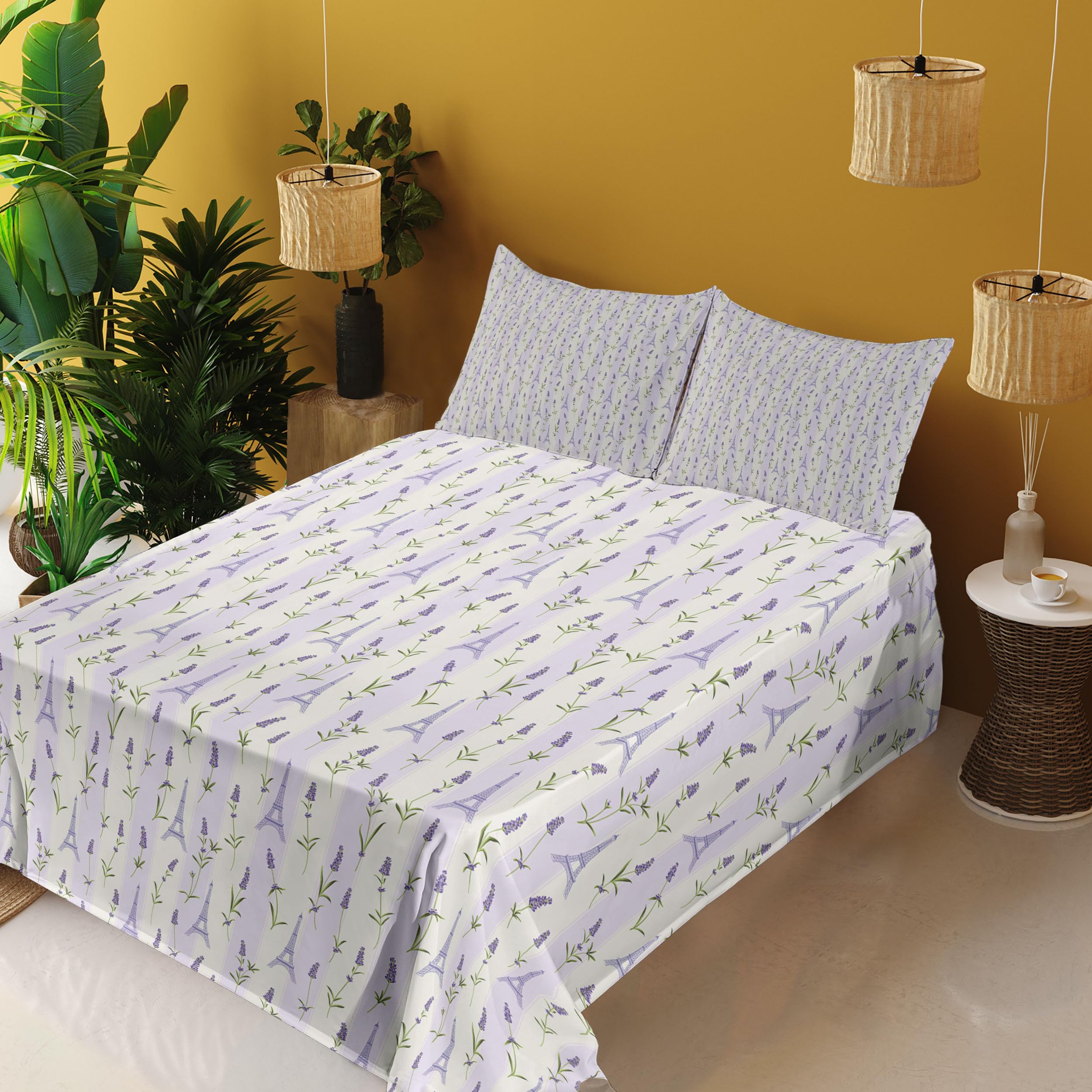 Ambesonne Paris Floral Bed Sheet Set - Lavender Flowers on Soft Stripes 4-Piece King Size, Pale Green & Lavender | Luxury Bedroom Decor for Master Bedroom, Guest Room & Vacation Homes