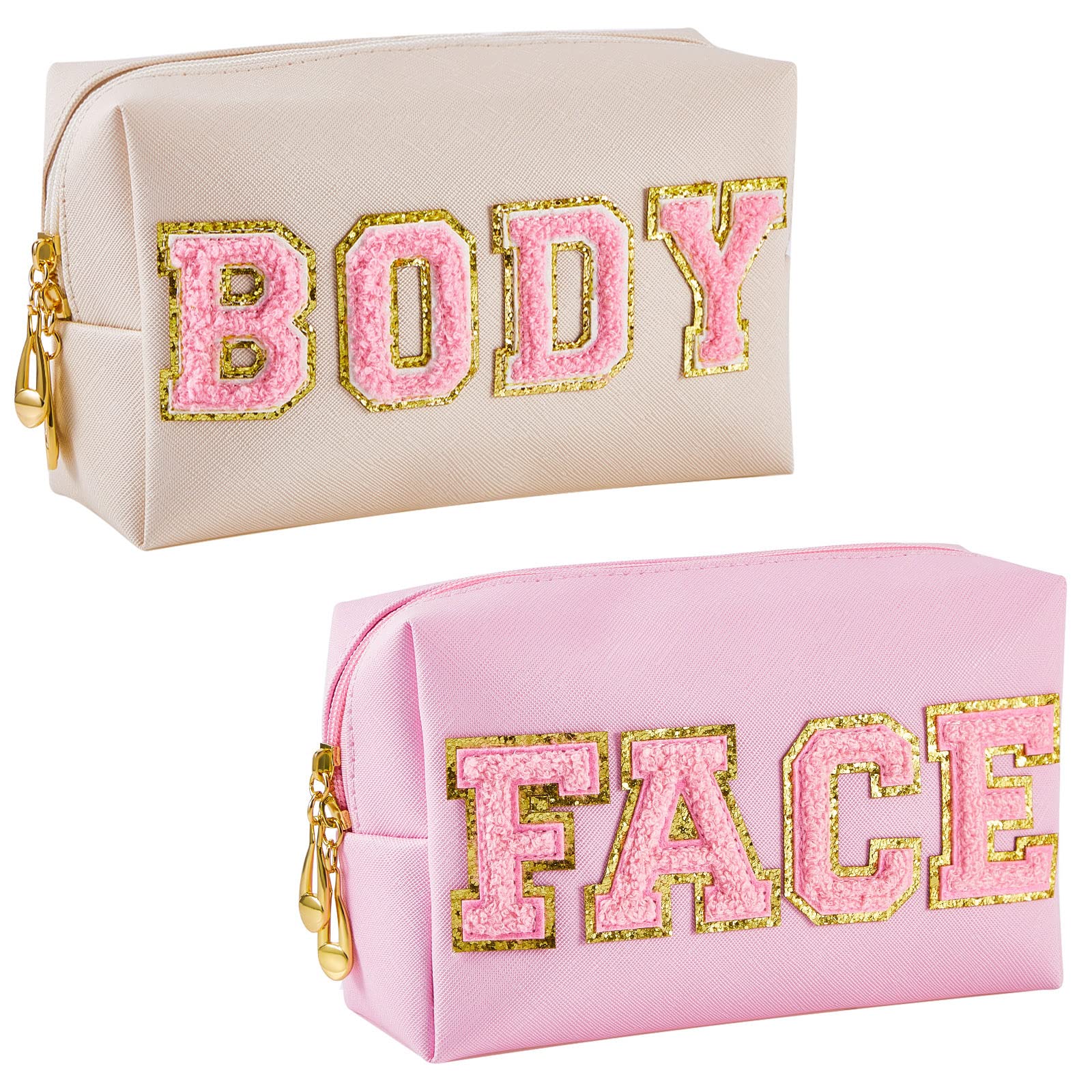 Preppy Makeup Bags 2 Pack - Aesthetic Chenille Letter Patch Cosmetic Bag for Face, Skin & Hair Care - Travel Zipper Pouch Makeup Organizer (White & Pink) - Perfect Graduation Gift for Girls & Women - Great for Travel, Gym & Daily Beauty Routine