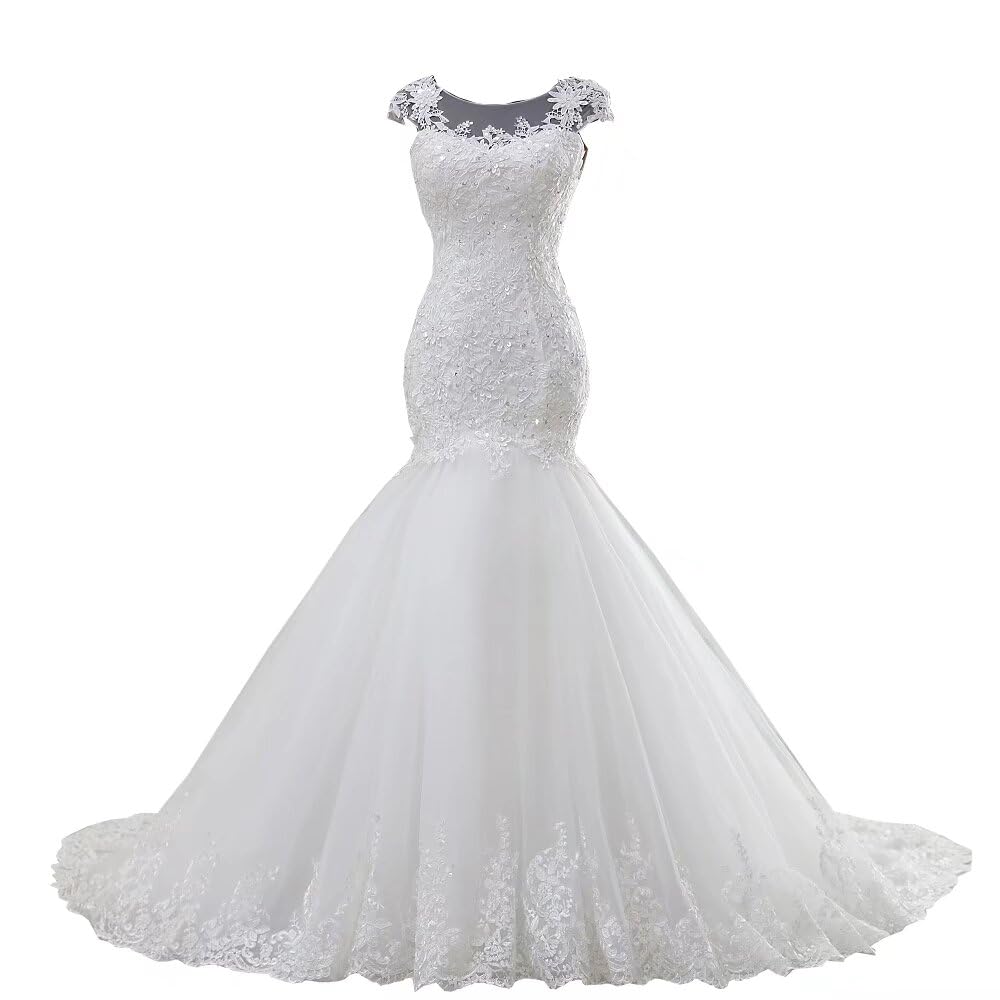 Plus Size Sheer Neck Cap Sleeves Mermaid Wedding Dress with Sequins & Beaded Lace - Elegant Bridal Gown for 2025 Beach Weddings & Formal Ceremonies