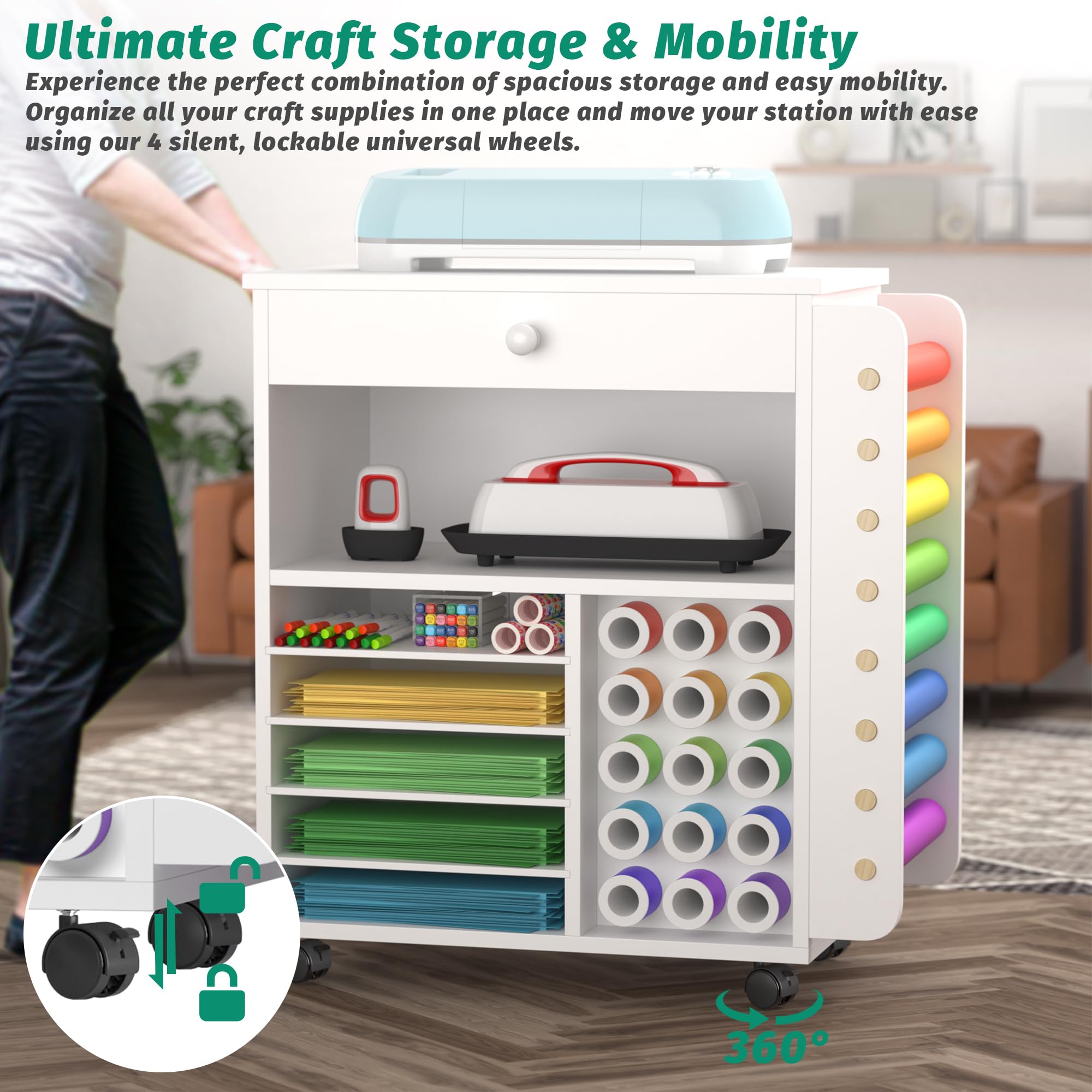 Cricut Compatible Craft Storage Cart with Vinyl Roll Holder & Drawers - Rolling Craft Organization Cabinet & Workstation for DIY Projects, Scrapbooking & Home Craft Room Organization