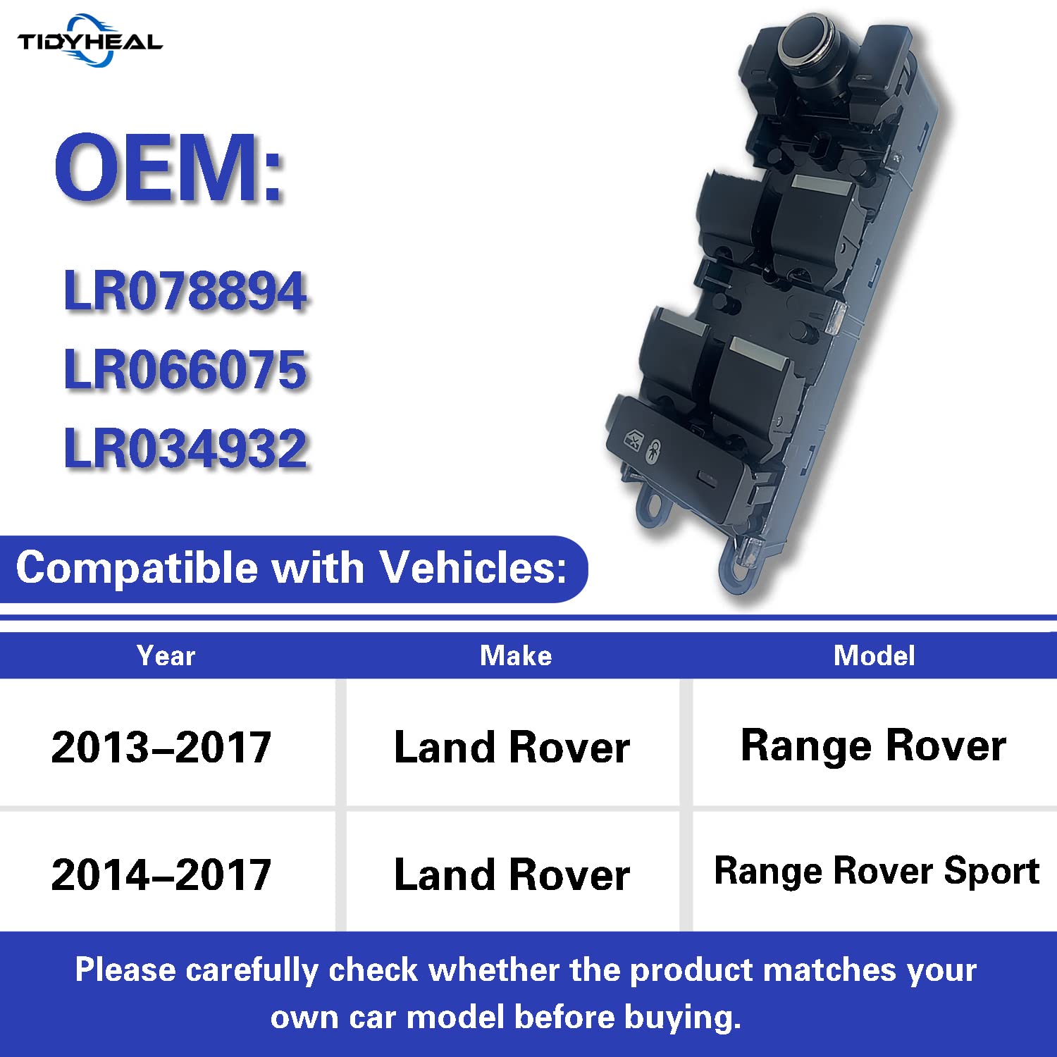 Power Window Switch Driver Side for 2013-2017 Land Rover Range Rover - Replaces LR078894, LR066075, LR034932 (3 Pins) - Easy Installation & Smooth Operation - Perfect for Car Window Repair & Maintenance