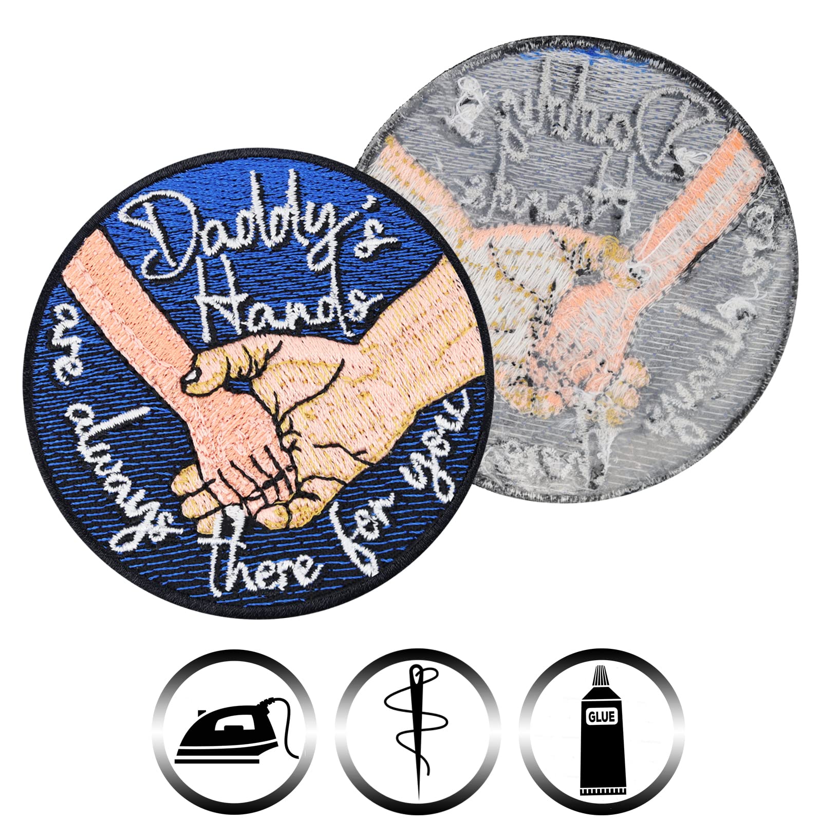 Daddy's Hands Are Always There for You - Iron-On or Sew-On Fabric Patch (2.75x2.75 in) for Clothing, Backpacks & DIY Crafts | Funny Quote Applique for All Fabrics - Perfect for Gifts, Family Apparel & Personalized Projects