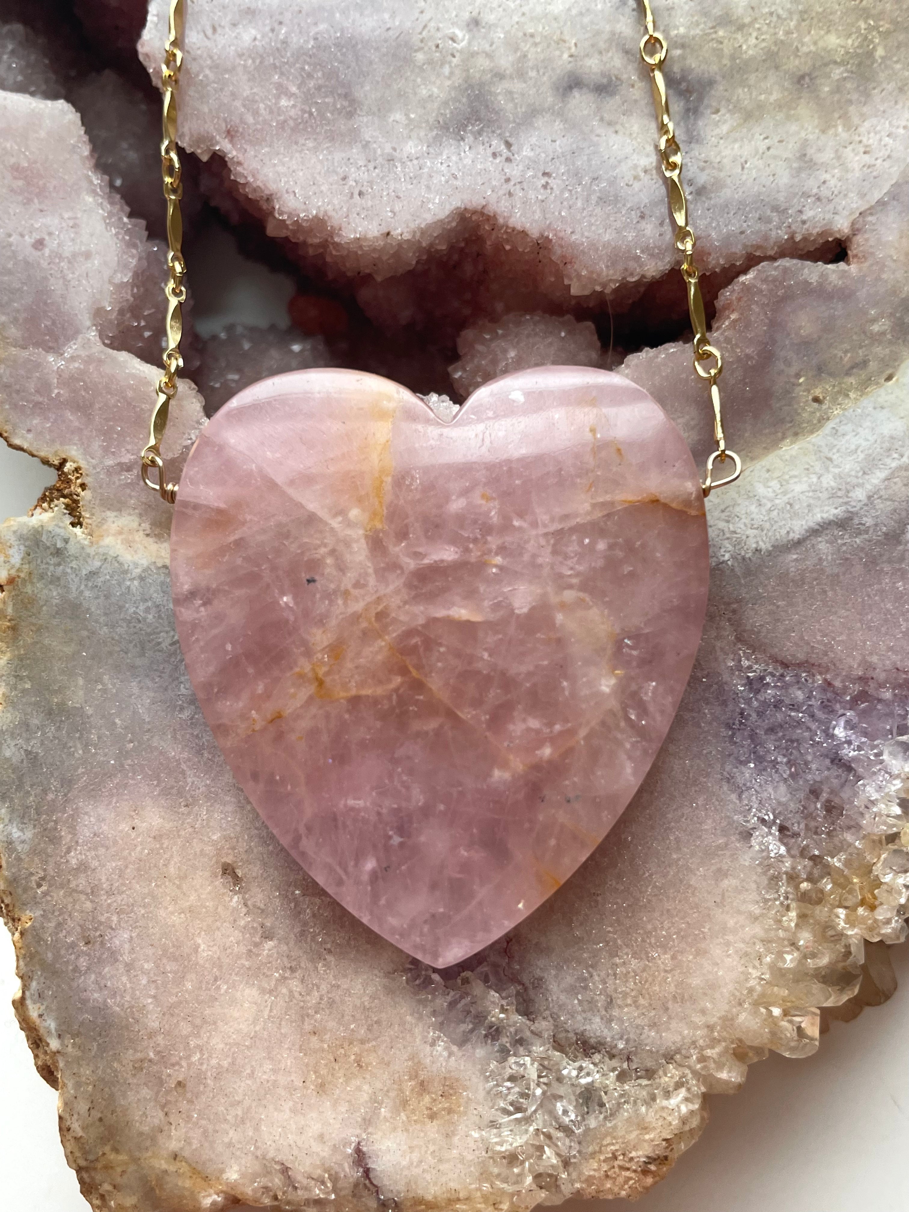 Large Rose Quartz Heart Pendant Statement Necklace - 14K Gold Filled Crystal Jewelry for Women, Gift for Her, Valentine's Day, Anniversary & Special Occasions