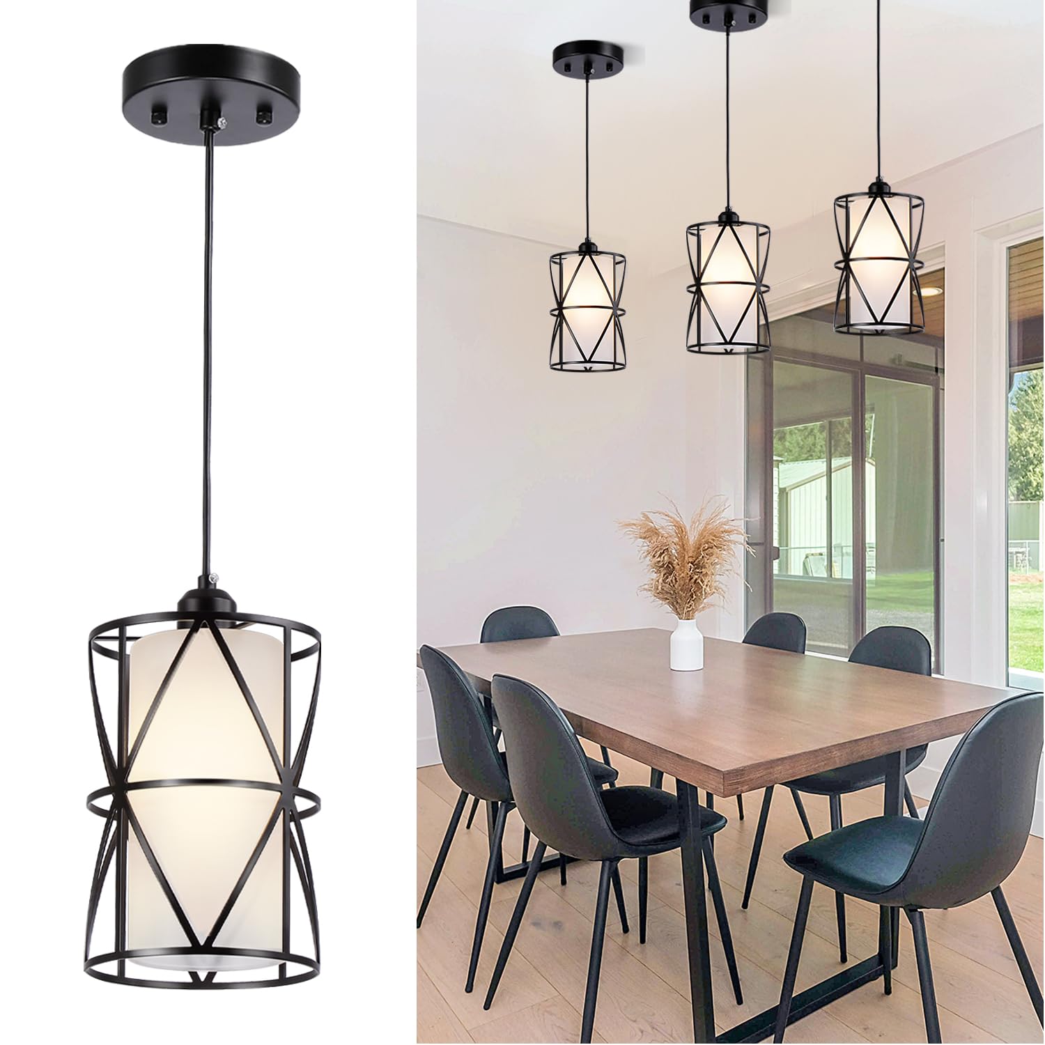 Modern Matte Black Cylindrical Pendant Lights with Frosted Glass - Kitchen Island Lighting, Small Foyer Chandelier for Dining Room, Bedroom & Entryway Decor