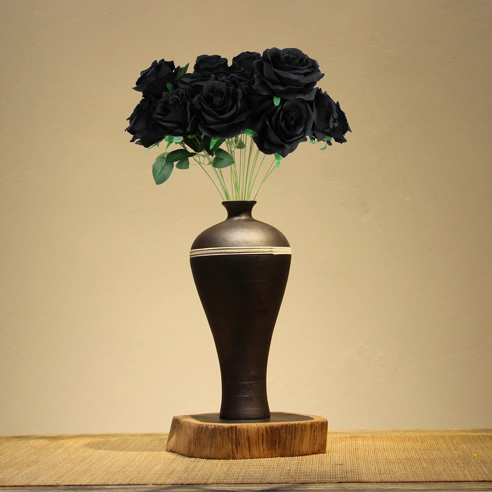 Firlar Artificial Black Rose Flower Stems - 7 Rose Heads with Leaves for Floral Arrangements, Bridal Bouquets, Wedding Decor, Home, Garden, Party, Hotel & Office Decorations - Perfect for Centerpieces, DIY Crafts, and Seasonal Displays