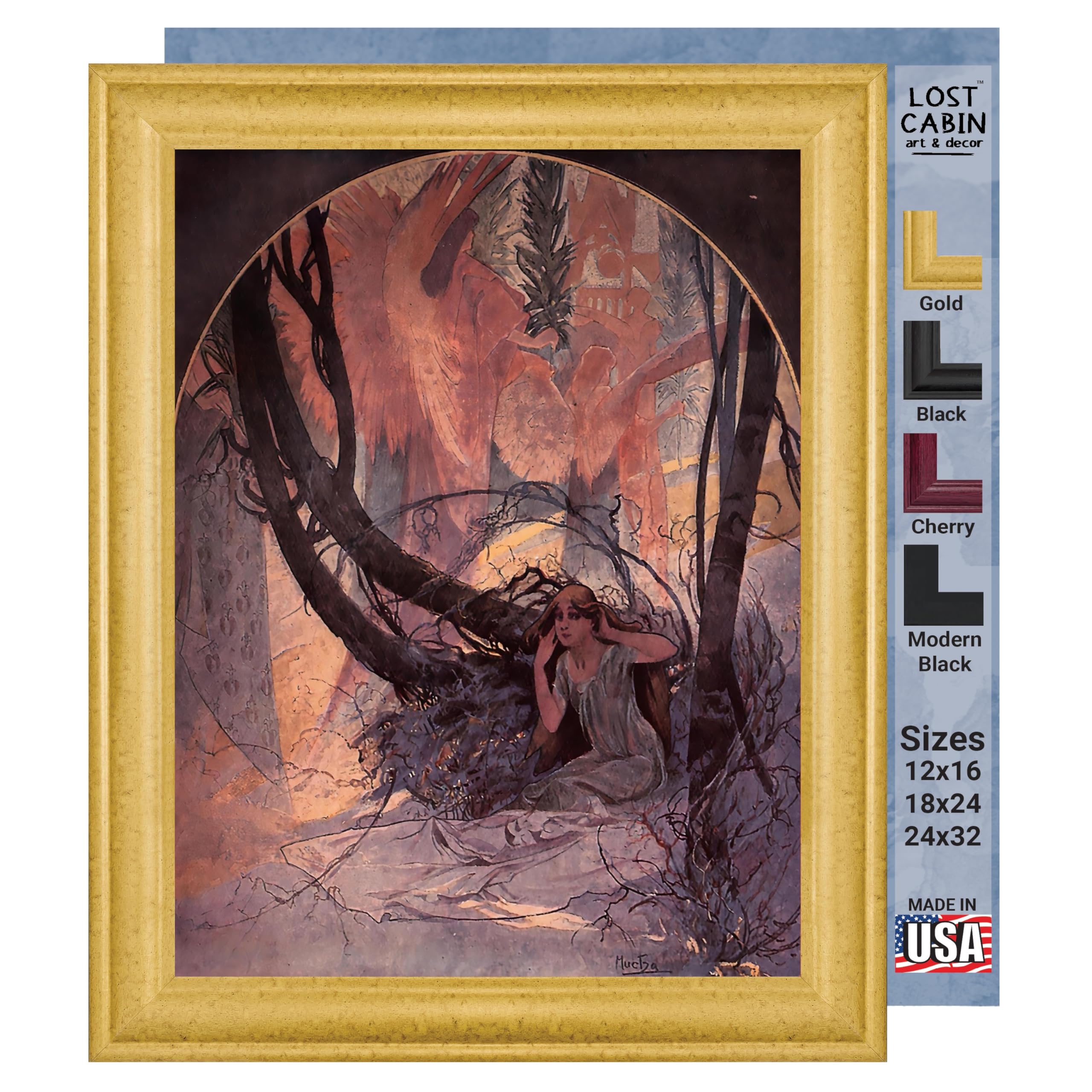 Lost Cabin Easter Chimes Awaken Nature by Alphonse Maria Mucha - Gold Beveled Framed Canvas Art Reproduction (18x24 Image, 22x28 Frame) - Fine Wall Decor for Living Room, Bedroom & Office - Vintage Painting Poster Gift for Art Lovers
