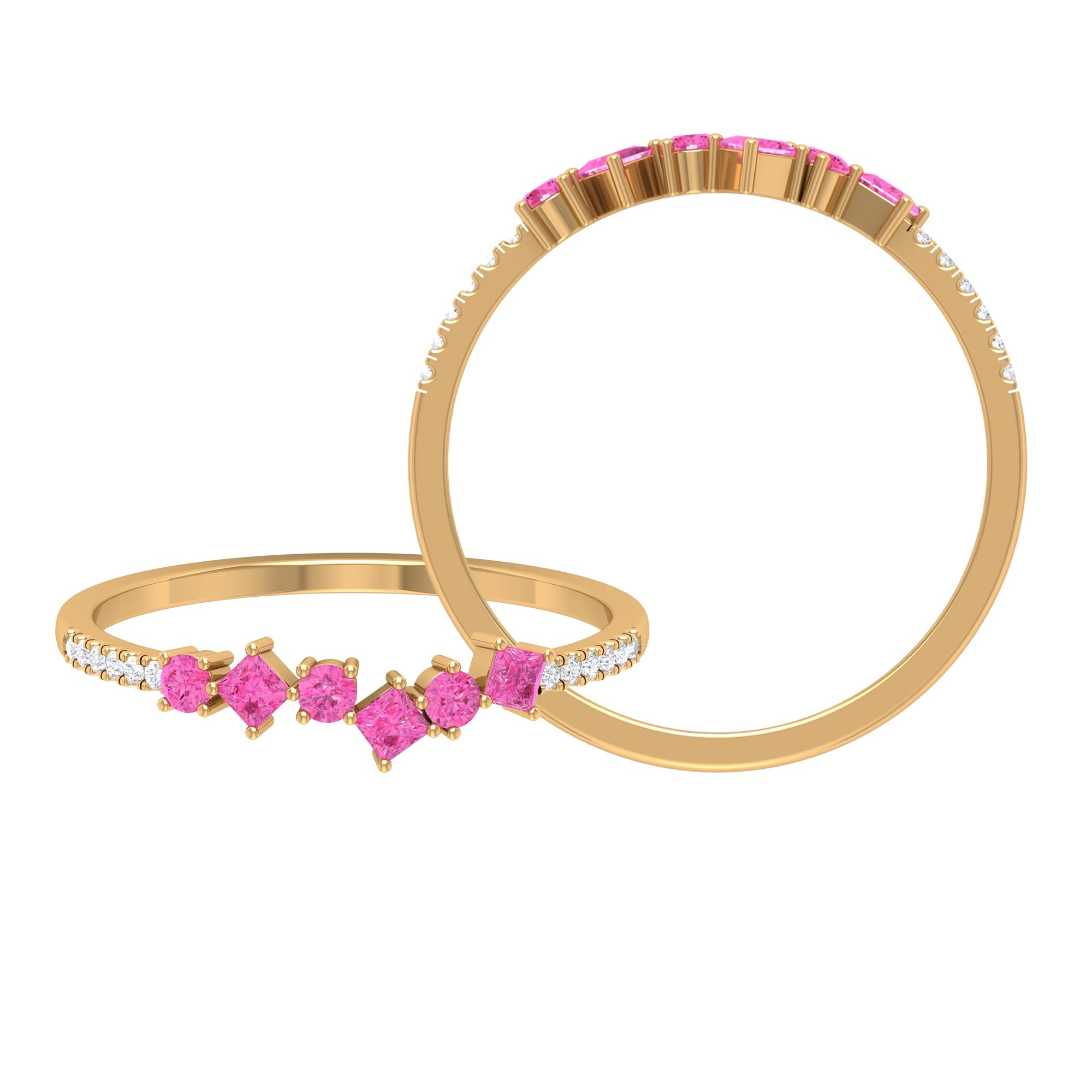 1/2 CT Pink Sapphire Half Eternity Ring with Diamond Accents - 14K Solid Gold Minimalist Wedding Band, Round & Princess Cut Gemstone Ring for Anniversary, Engagement, or Gift (Perfect for Romantic Occasions)