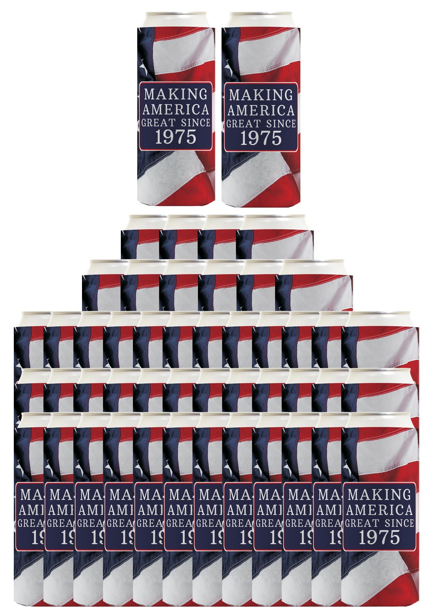 48-Pack Ultra Slim Seltzer Can Coolers with US Flag Design - Perfect for 50th Birthday Party Favors & Patriotic Celebrations (Born in 1975 Theme) - Keep Drinks Cold at BBQs, Pool Parties & 4th of July Events
