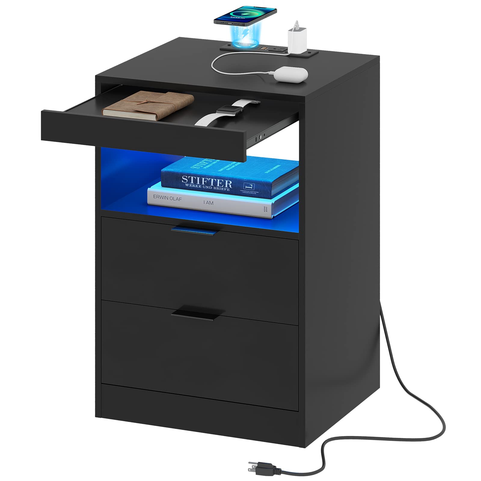 Tiptiper Modern Black Nightstand with LED Lights & Wireless Charging - Bedside Table with 2 Drawers, Open Storage & Pull-Out Tray - USB Charging Station End Table for Bedroom, Living Room & Office