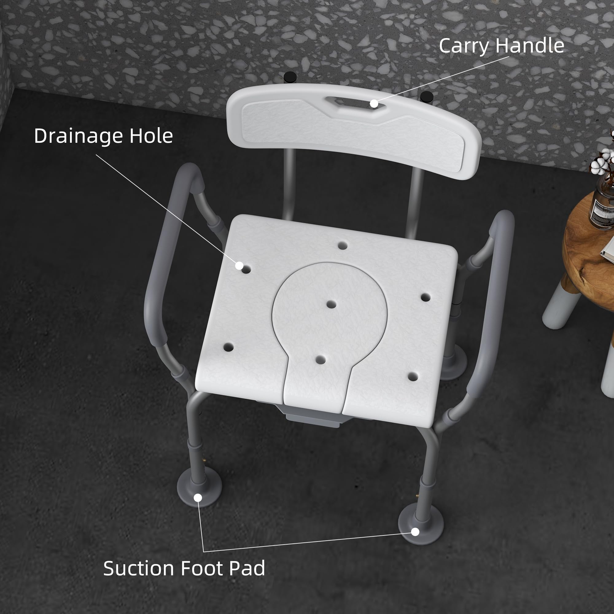 HOMCOM 3-in-1 Adjustable Shower Chair with Backrest & Arms, Bedside Commode & Raised Toilet Seat - Non-Slip Rubber Feet for Elderly & Disabled - Safe Bathroom Mobility Aid for Seniors, Post-Surgery Recovery & Home Care (White)