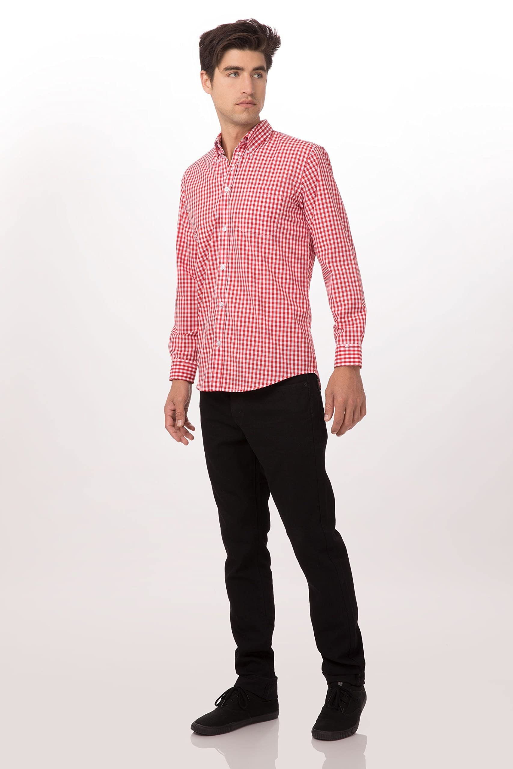 Chef Works Men's Gingham Dress Shirt - Professional Kitchen Uniform, Stylish Workwear for Chefs & Waiters - Perfect for Restaurants, Catering & Culinary Events