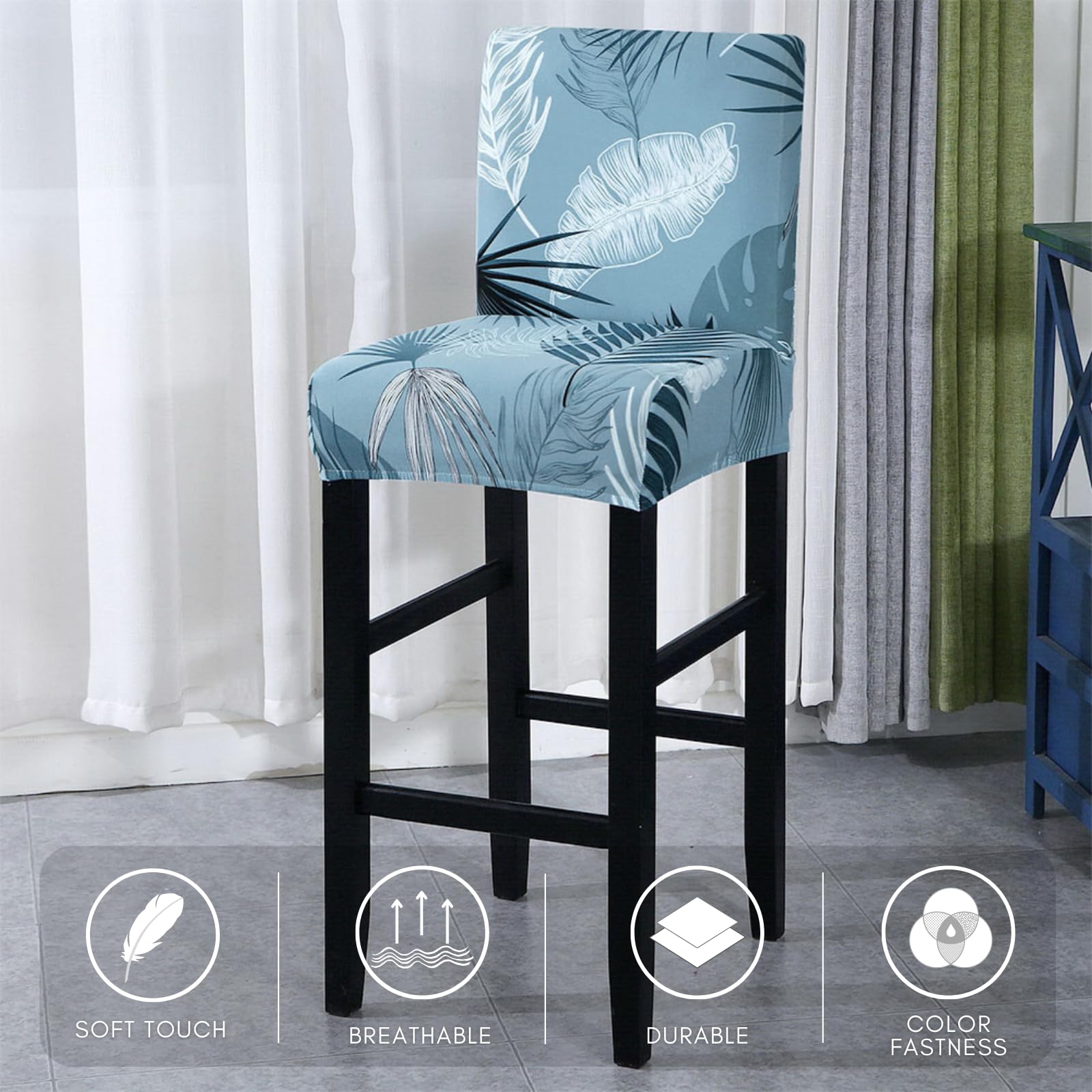 Stretch Washable Bar Stool Covers Set of 4 - Counter Height Kitchen Dining Chair Slipcovers - Blue Foliage Design for Home, Cafe & Restaurant Decor