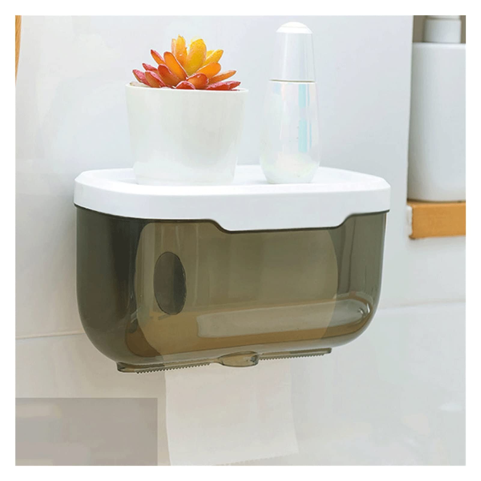 Waterproof Wall Mount Toilet Paper Holder & Phone Shelf - Gray Bathroom Tissue Storage Box (22x13cm) for Bathroom, Kitchen, RV - No Drilling Required, Space-Saving Home Organization Solution