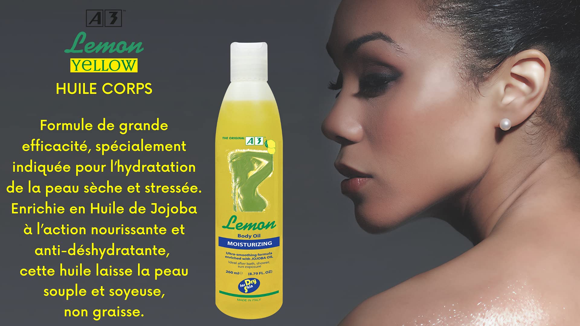 Lemon Moisturizing Body Oil for Dry Skin - 260ml A3 Hydrating & Nourishing - Perfect for Massage, Spa & Daily Skincare Routine