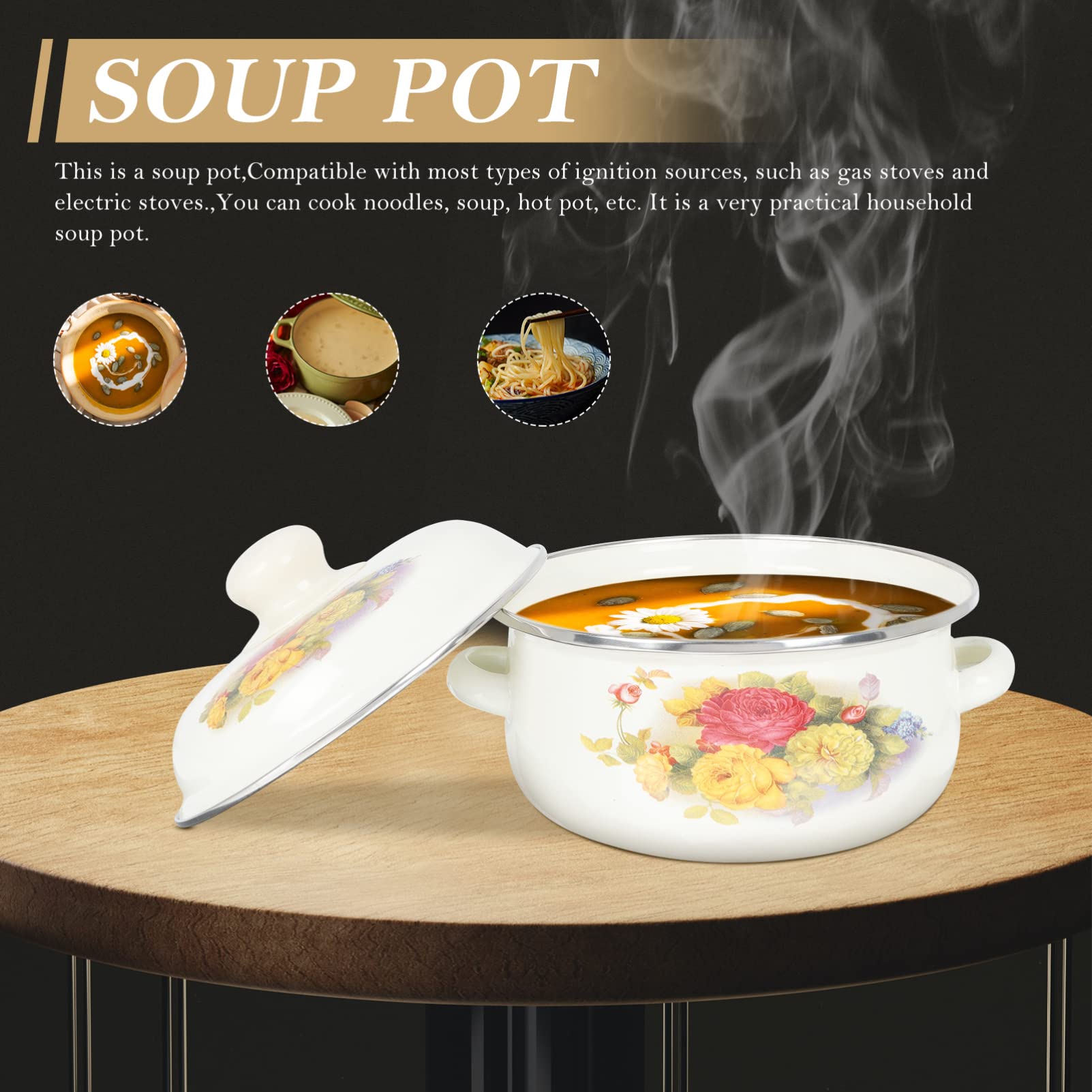 Premium Enamel Double Ear Soup Pot - 5QT Enamel Cooking Pot with Lid, Multi-Functional Stew Pot for Home Kitchen, Perfect for Soups, Stews & Slow Cooking - Durable Flat Bottom Stockpot for Gas & Induction Stoves