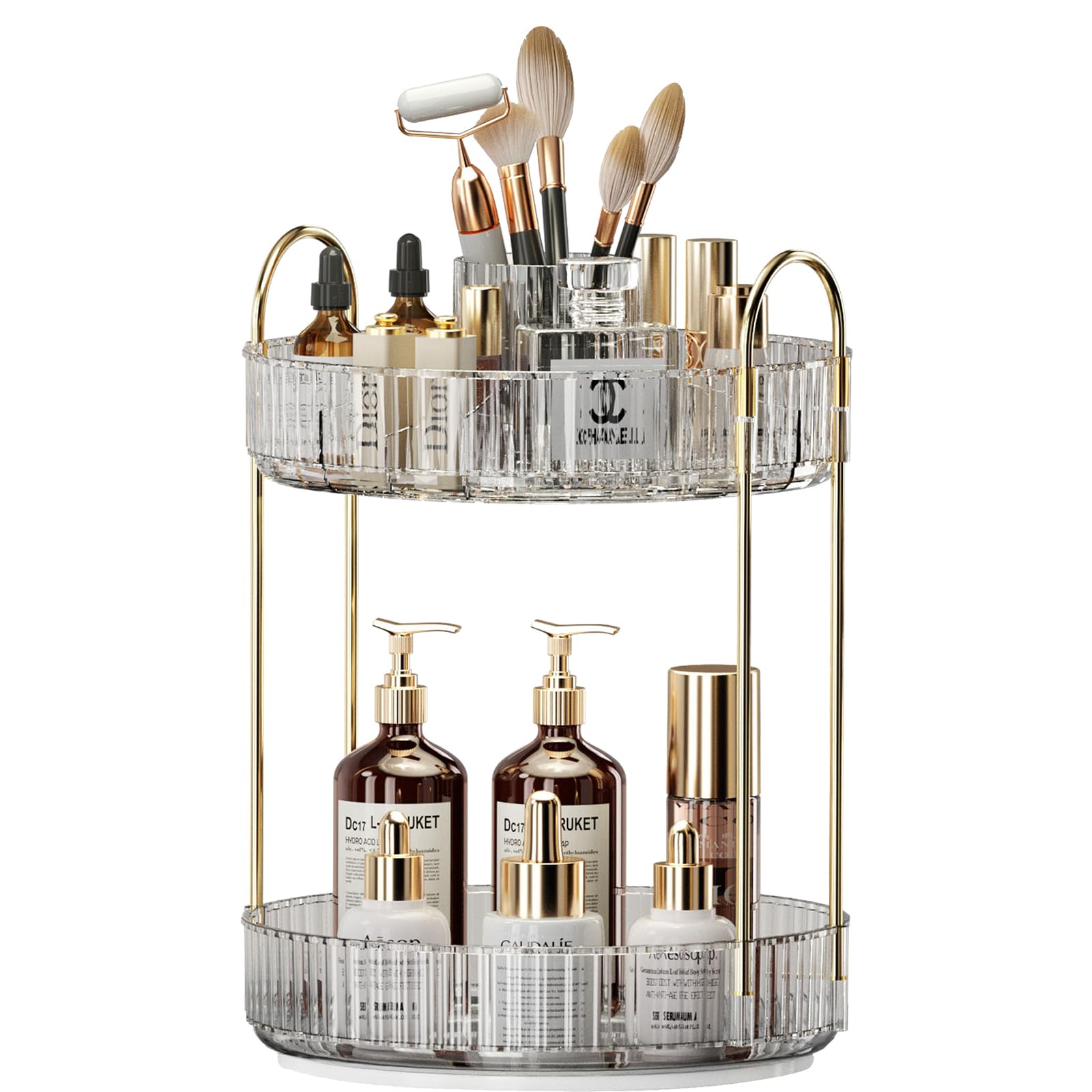 360° Rotating Makeup Organizer with Brush Holder - Large Capacity 2-Tier Cosmetic & Skincare Storage for Perfume, Makeup & Beauty Products - Perfect for Bedroom Vanity, Bathroom Counter & Dresser Organization (White) - Ideal for Daily Beauty Routine & Travel Storage