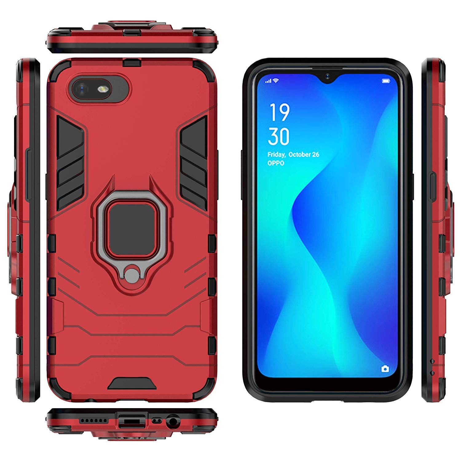 LuluMain Shockproof Hard Bumper Case for Oppo A1K & Realme C2 - Metal Ring Grip with Kickstand | Magnetic Car Mount Compatible | Dual Layer Rugged Cover (Red) - Perfect for Outdoor Activities & Daily Protection