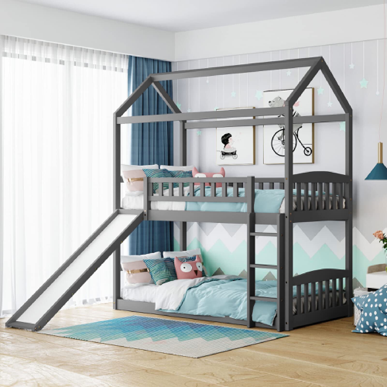 Rubyurphy Twin Over Twin Wooden Bunk Bed with Slide, Storage Drawers & Ladder - Kids Loft Bed with Roof & Guardrail, No Box Spring Needed (Gray) | Perfect for Small Bedrooms, Shared Kids' Rooms & Play Areas