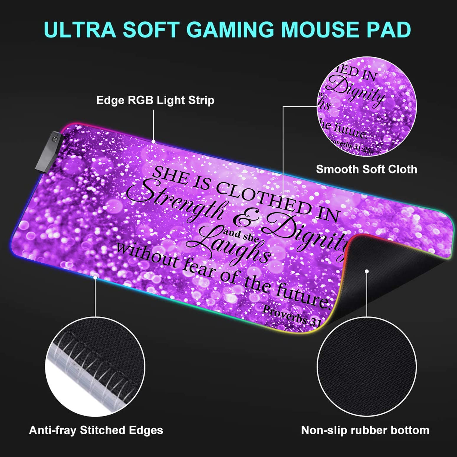 RGB LED Gaming Mouse Pad with Purple Sparkles - Large Non-Slip Waterproof Desk Mat for Keyboard & Mouse - Bible Verse Proverbs 31:25 Design - Perfect for PC Gaming, Office Work & Home Computer Setup