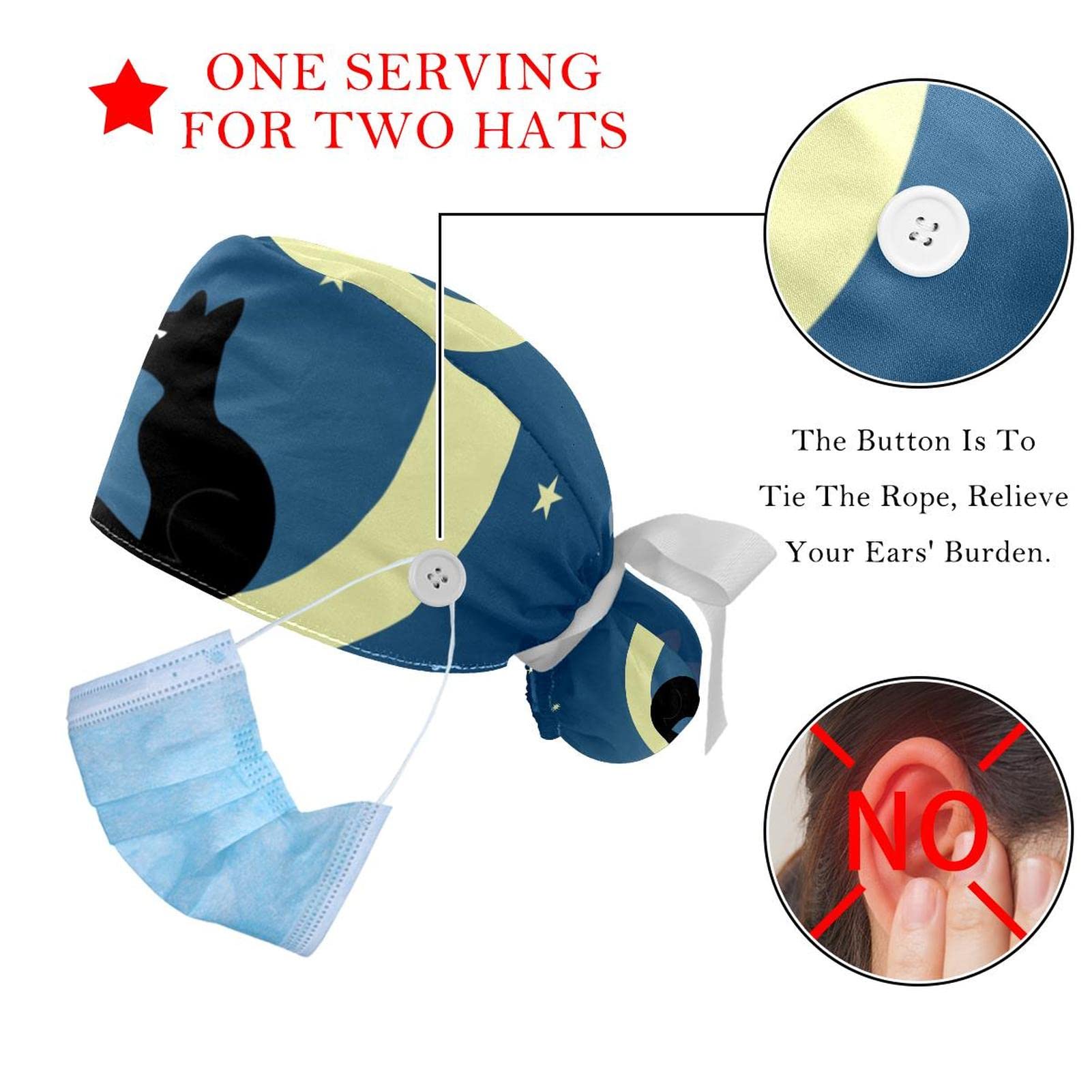 Cat Princess Heart Scrub Hats for Women & Men - 2 Pack Long Hair Surgical Caps with Button Closure & Sweatband - Unisex Tie Back Nurse Hats for Healthcare Workers, Doctors, and Food Service Professionals