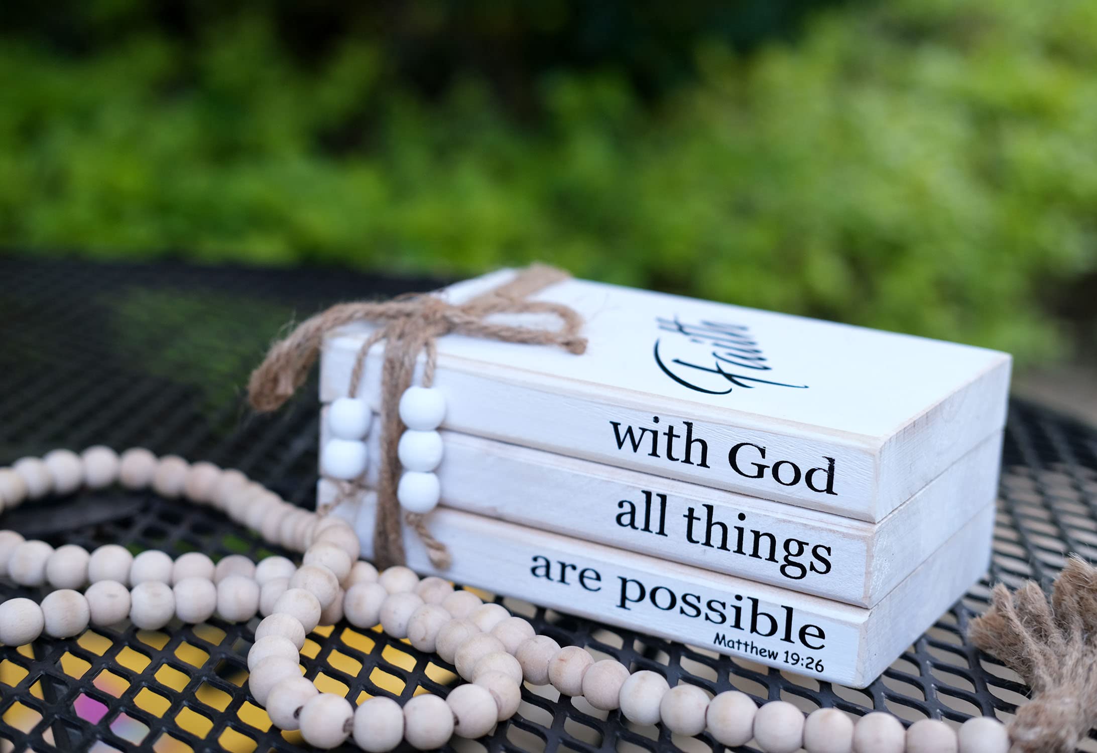 LIVDUCOT Farmhouse Wooden Decor Book Stack - Rustic Faux Book Stacks for Modern Home Decor | Coffee Table & Bookshelf Decoration | With 'With God All Things Are Possible' Sign - Perfect for Living Room, Office & Gift Giving