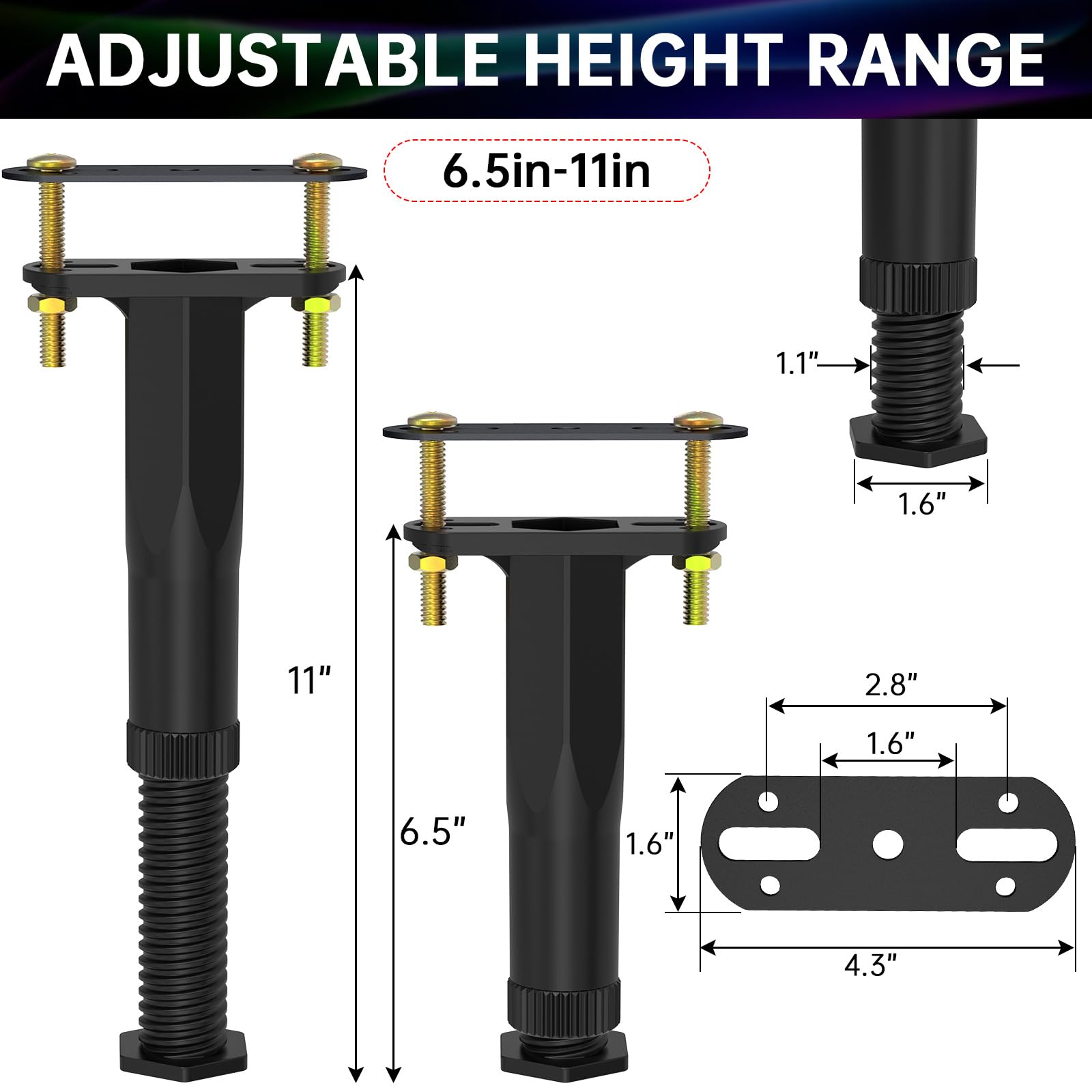 4 PCS Adjustable Height Bed Frame Center Support Legs (6.5
