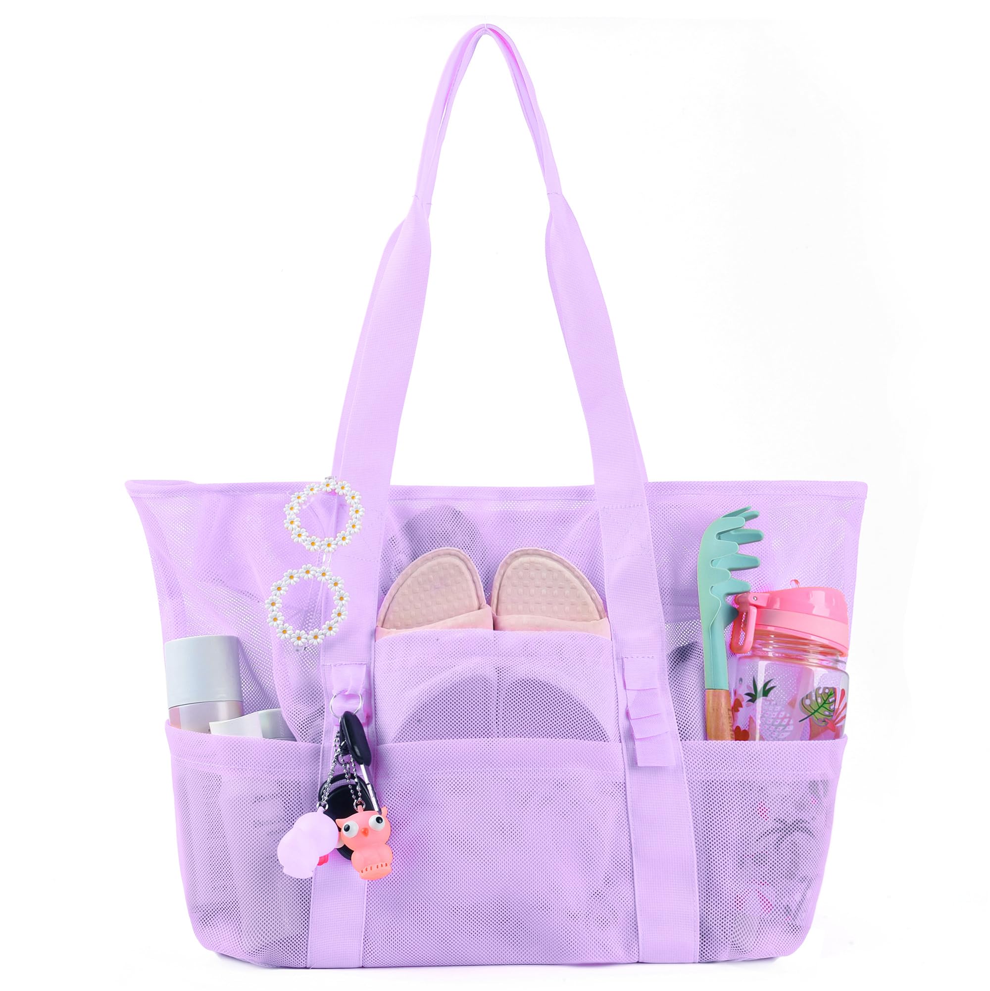 Large Beach Tote Bag with Zipper - 8 Pockets Lightweight Mesh Sandproof Foldable Storage Bag for Toys, Towels & Essentials | Perfect for Pool, Beach & Outdoor Travel