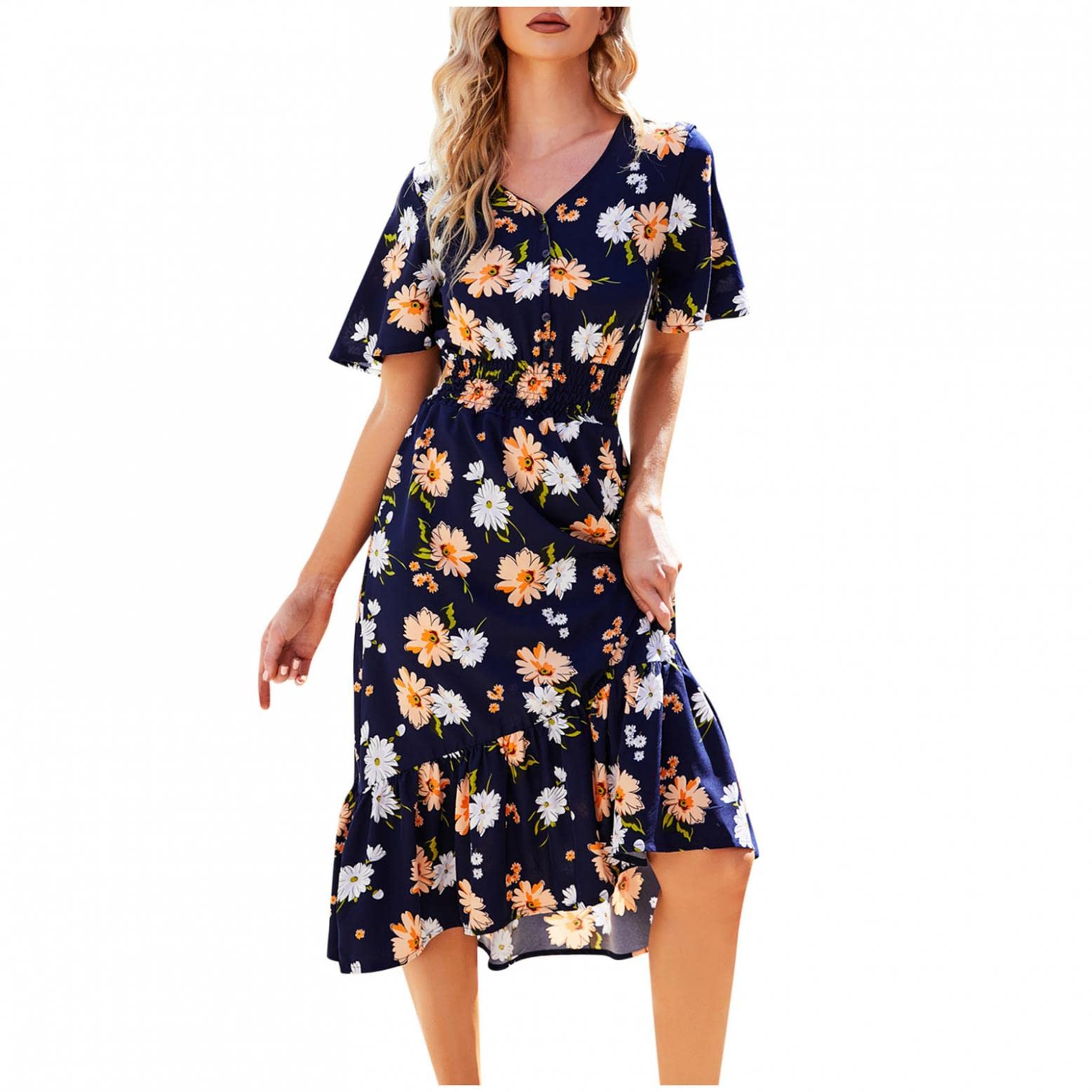 Women's Floral Tie Front Ruffle Mini Dress - V Neck Short Sleeve Party & Casual Flare Dress for Summer Outings, Date Nights & Beach Vacations