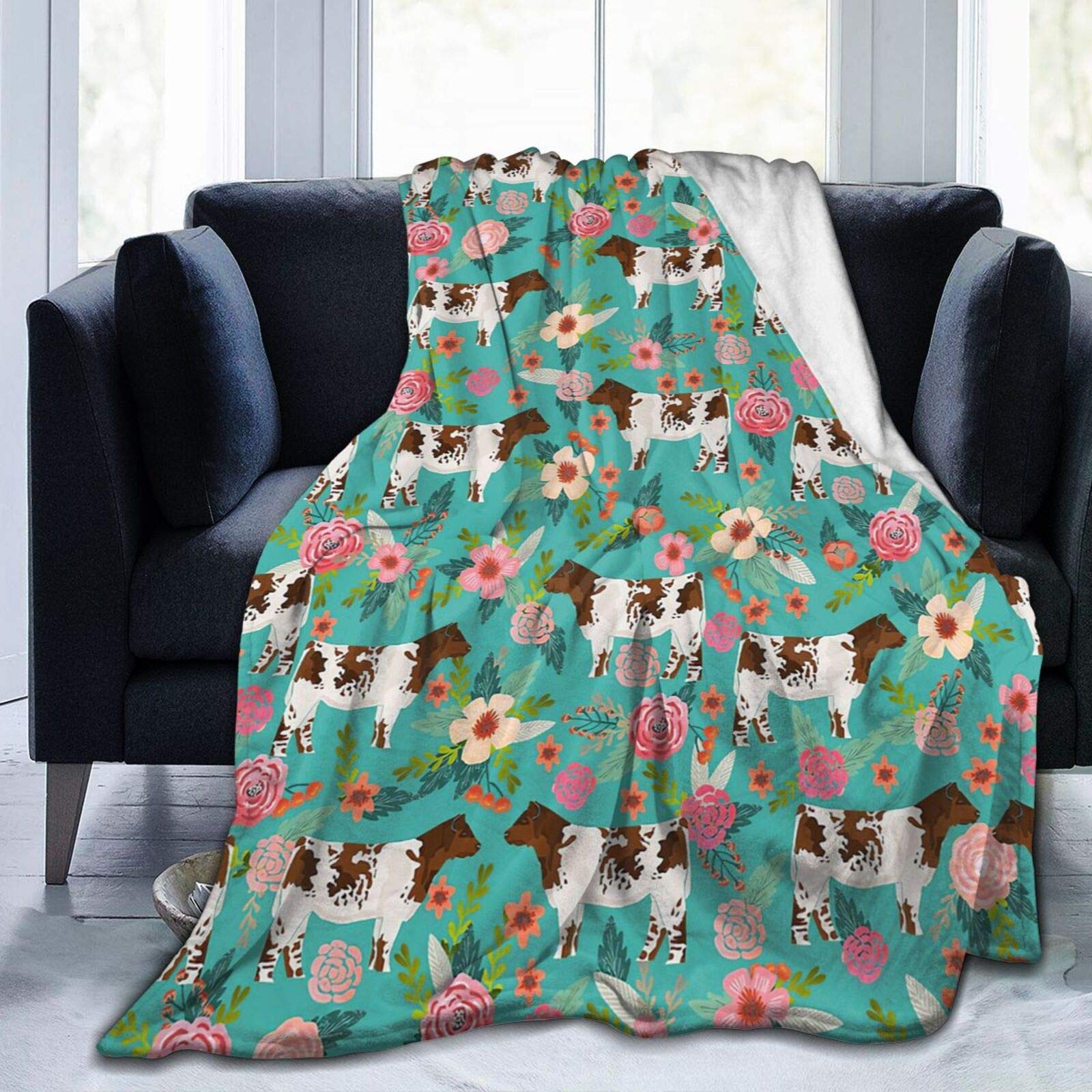 Soft Flannel Fleece Cow Print Throw Blanket 40x50 Inch - Rustic Farm Animal & Flower Design for Kids & Adults - Cozy Warm Blanket for Bed, Couch, Camping & Travel - Perfect for Home Decor, Gifts & Outdoor Adventures