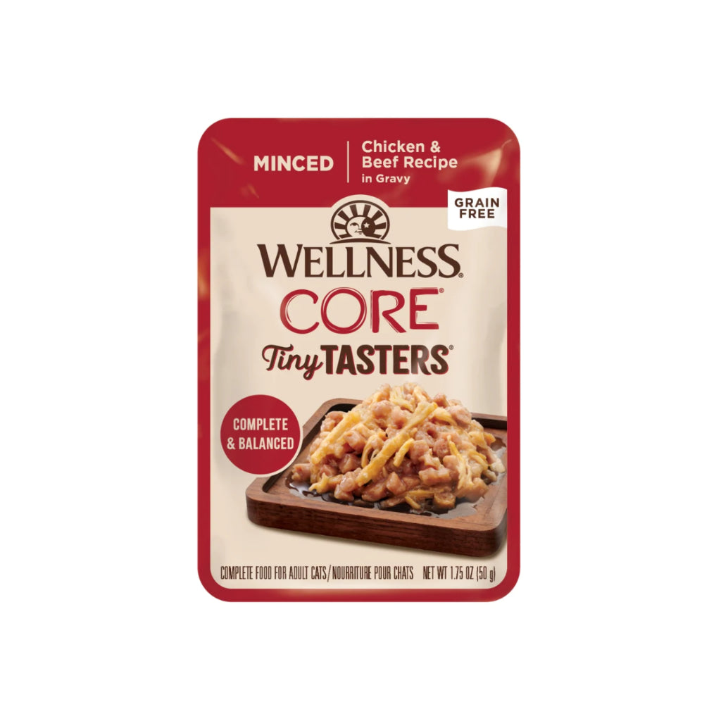 Wellness CORE Tiny Tasters Wet Cat Food - Minced Chicken & Beef, Flaked Tuna & Shrimp, Duck Recipes - Grain-Free, Healthy & Nutritious Cat Food for Kittens & Adult Cats - Perfect for Picky Eaters & Mealtime Variety