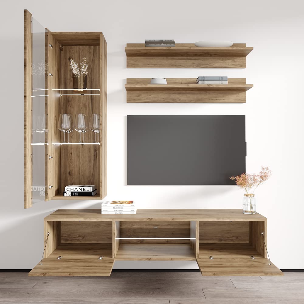 Modern Floating TV Stand with Storage & LED Lights - Wall-Mounted Entertainment Center for Bedroom & Living Room - Oak Wood TV Console with Shelves - Perfect for Small Spaces & Home Theater Setup